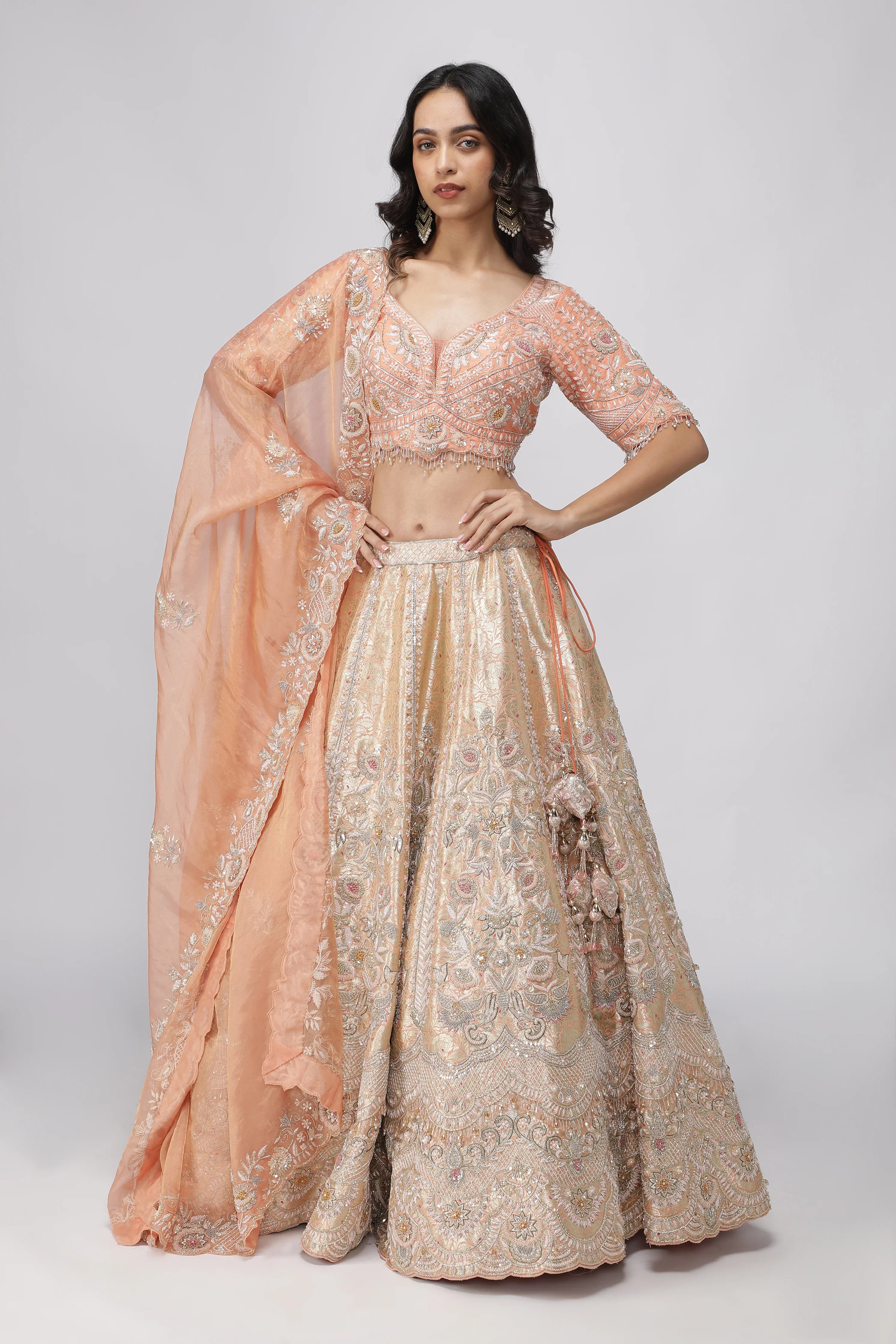 Peach Banarasi Silk Lehenga Set - Mokshaa