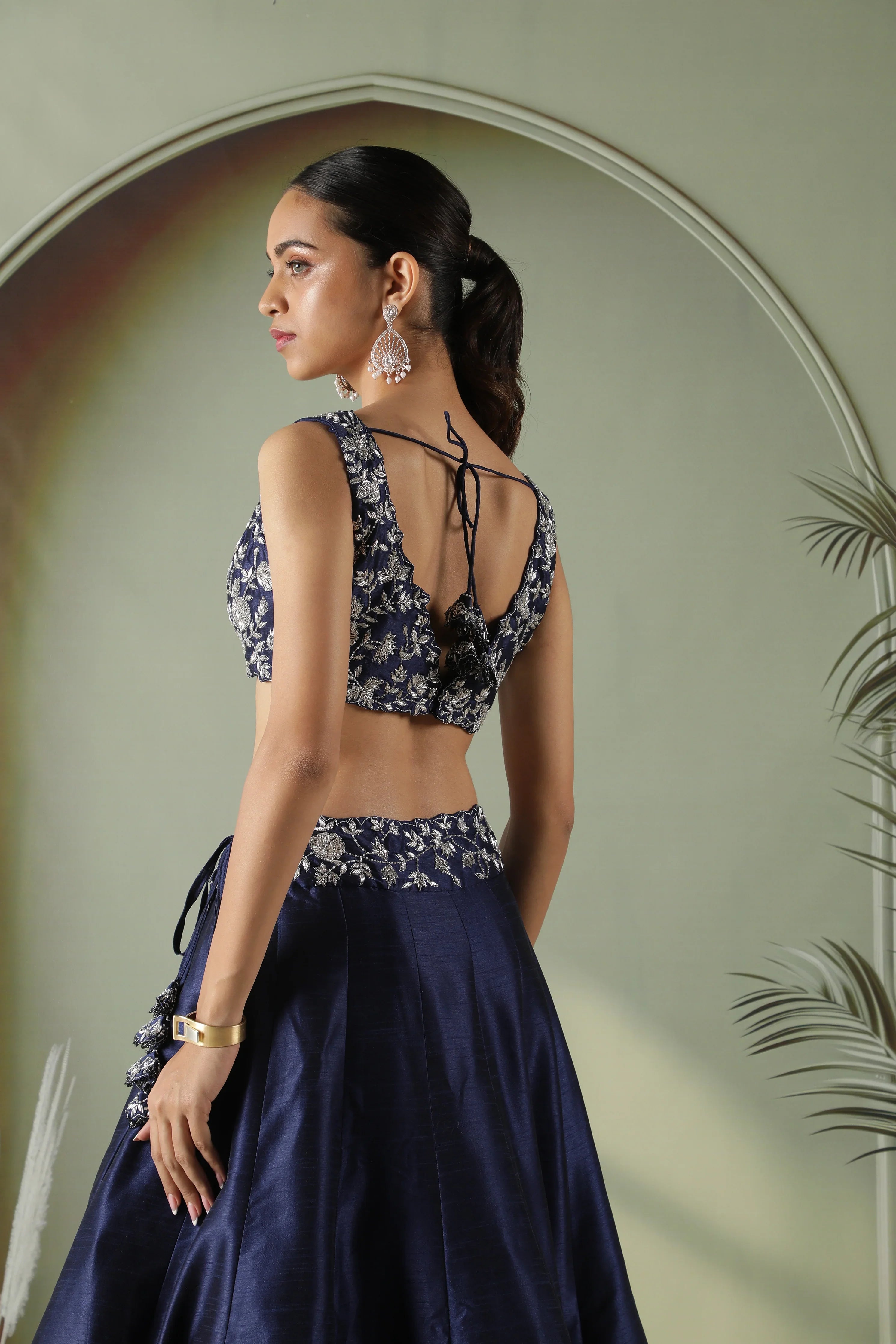 Navy Blue Raw Silk Embroidered Lehenga Set - Mokshaa