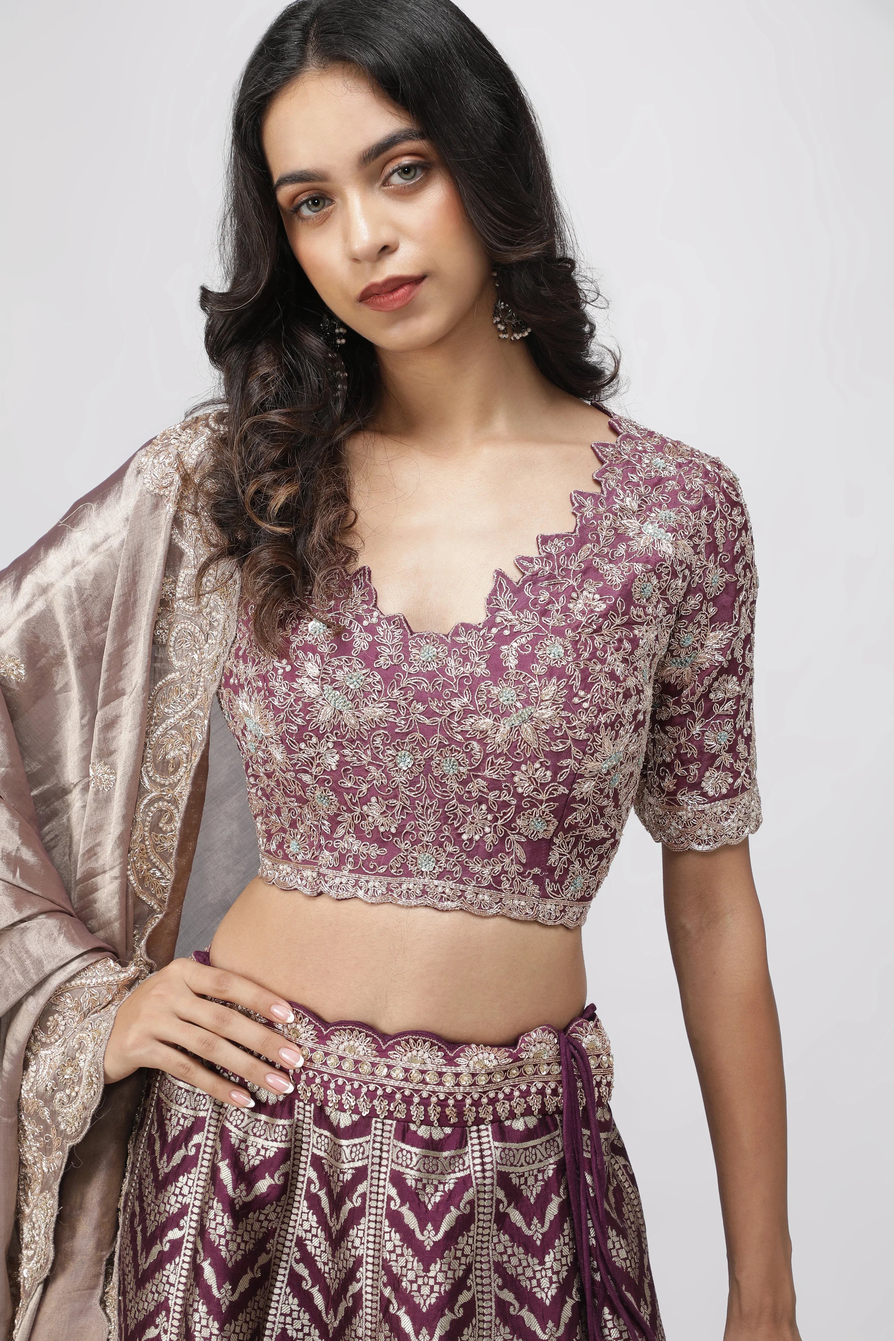 Violet Benarasi Silk Lehenga with Zardozi & French Knot Embroidery - Mokshaa