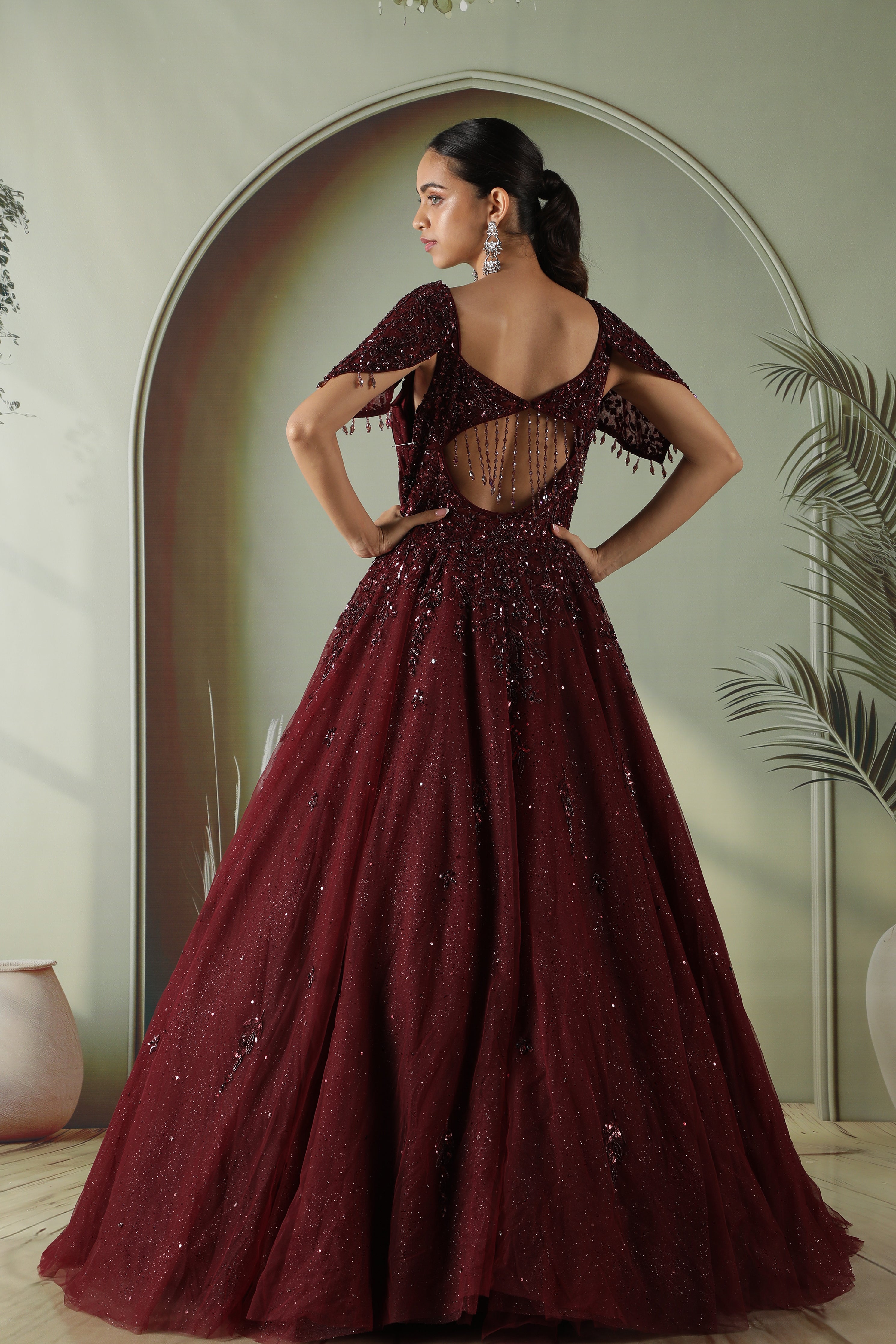 Maroon Net Gown with Sequin, Pearl & Cutdana Embroidery - Mokshaa