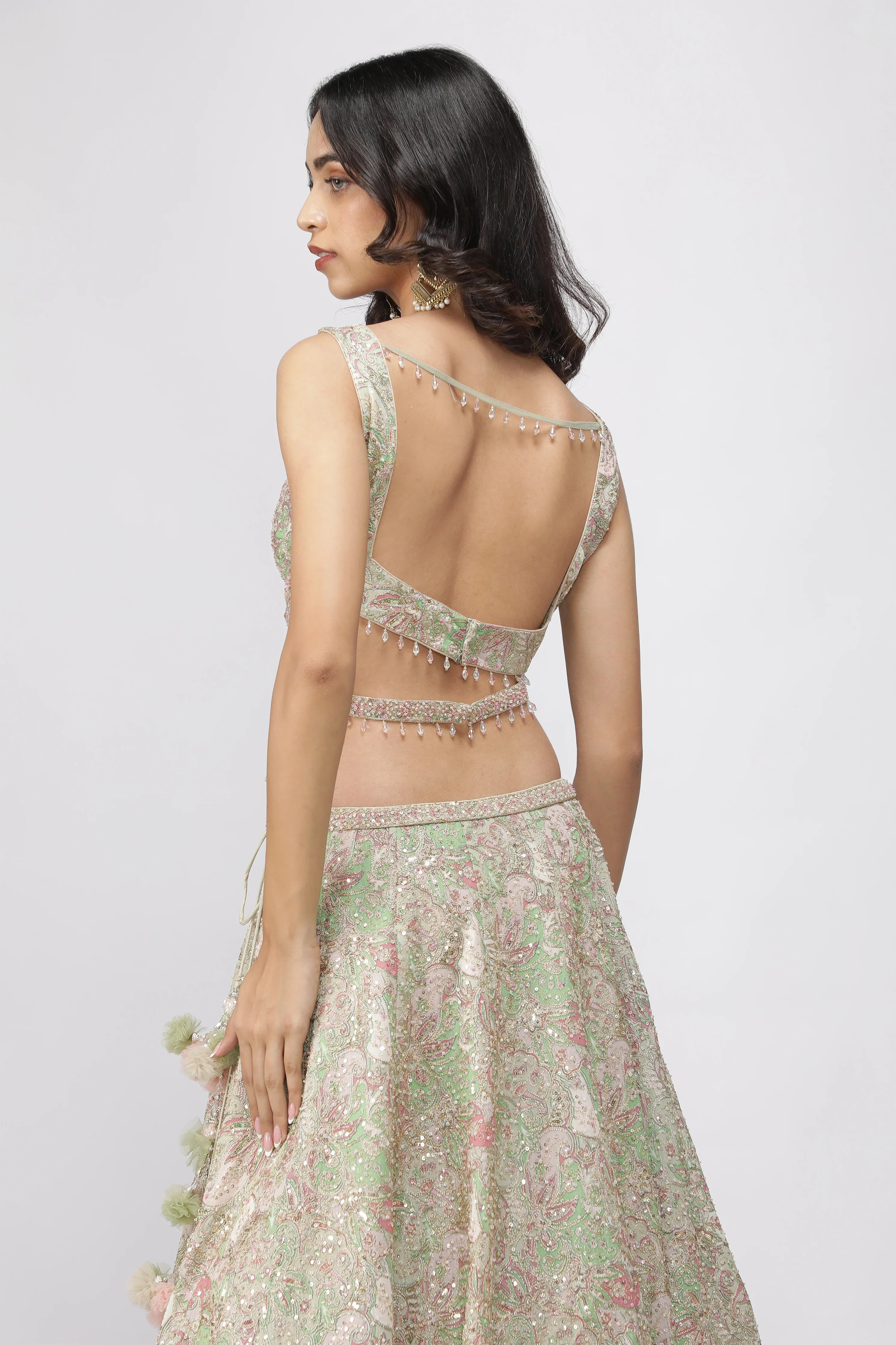 Pastel Green Printed Georgette Lehenga Set with Embellished Blouse - Mokshaa