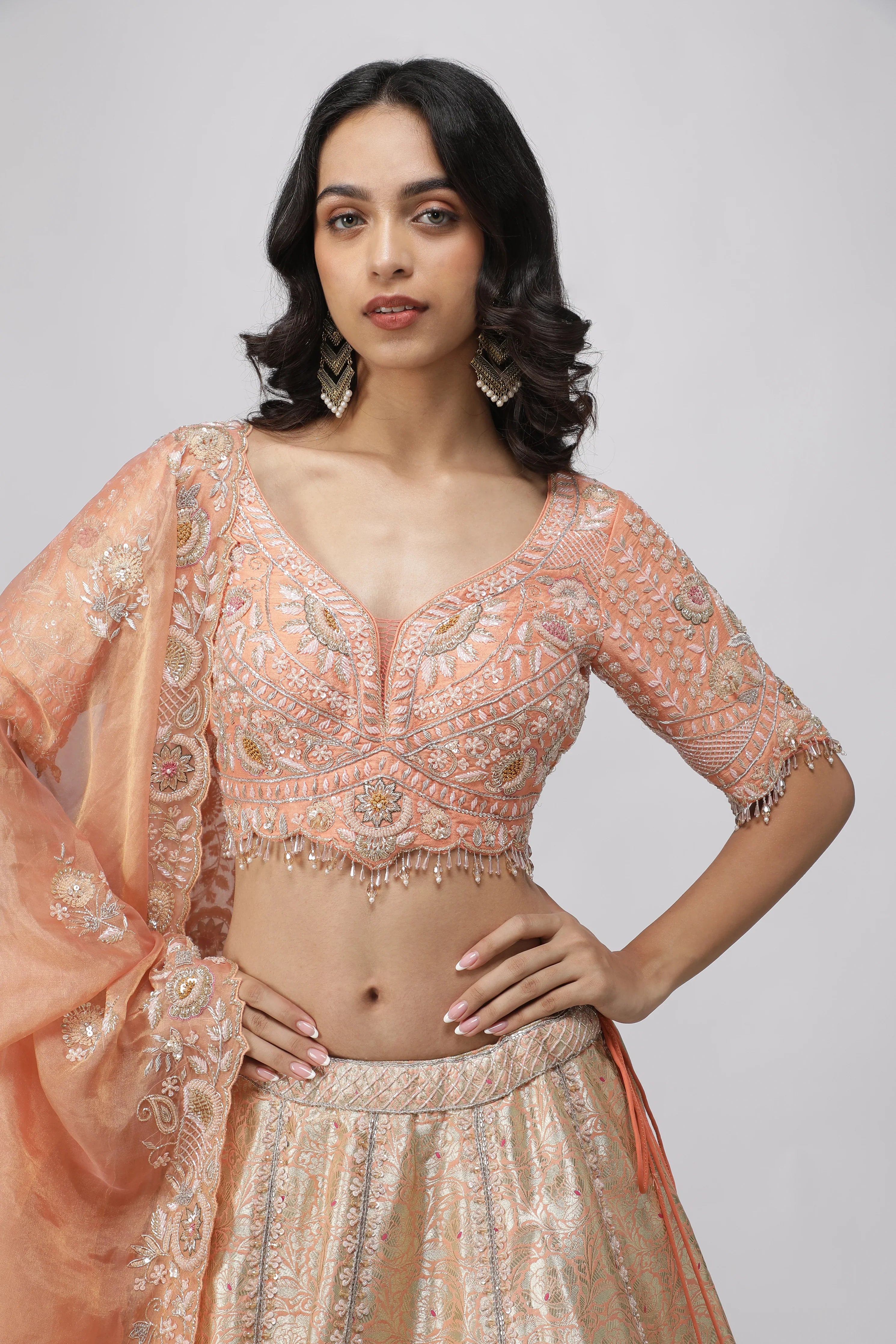 Peach Banarasi Silk Lehenga Set - Mokshaa