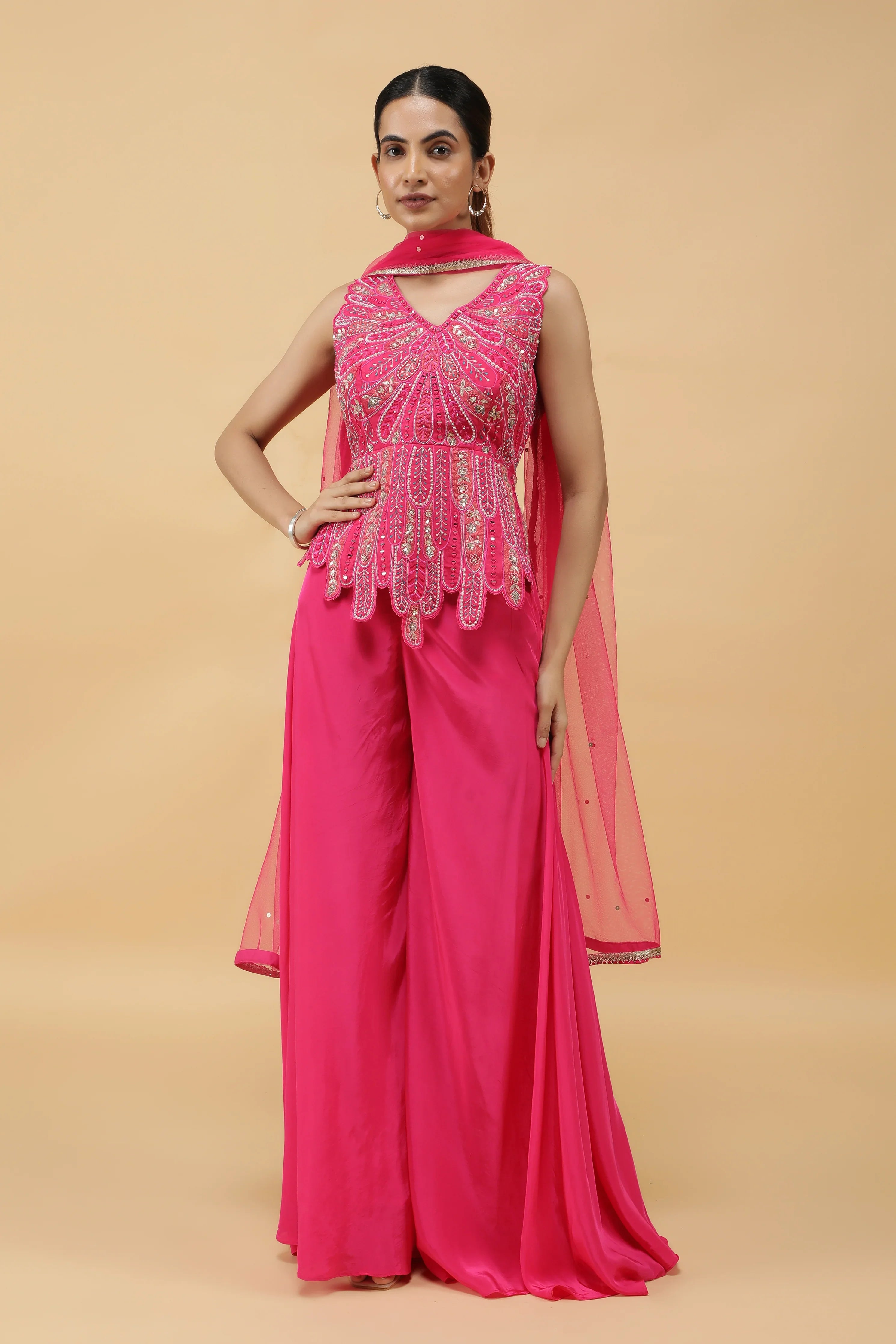 Fuchsia Petal AppliquéSilk Top & Palazzo Pant Set - Mokshaa