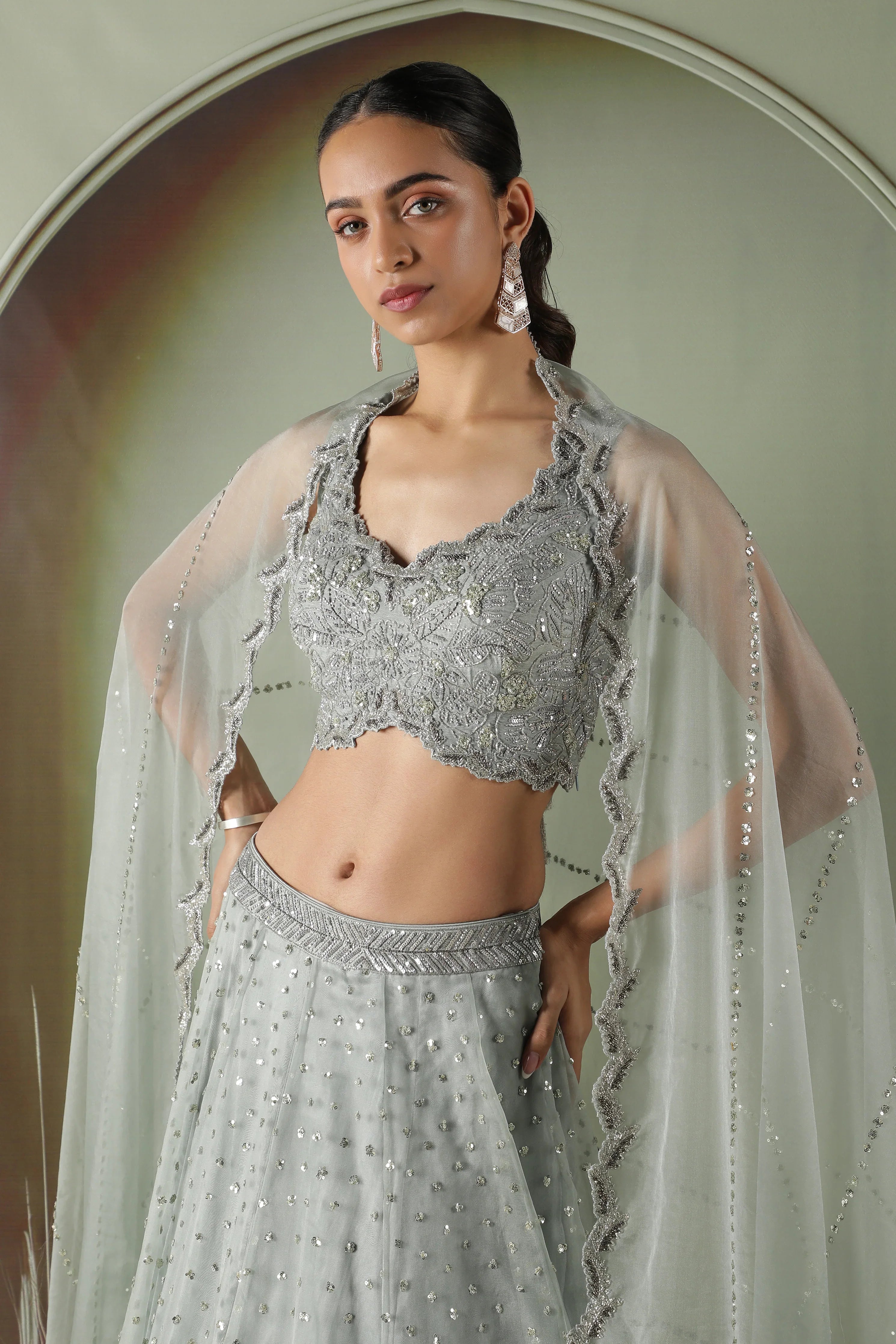 Ice Blue Organza Lehenga Set - Mokshaa