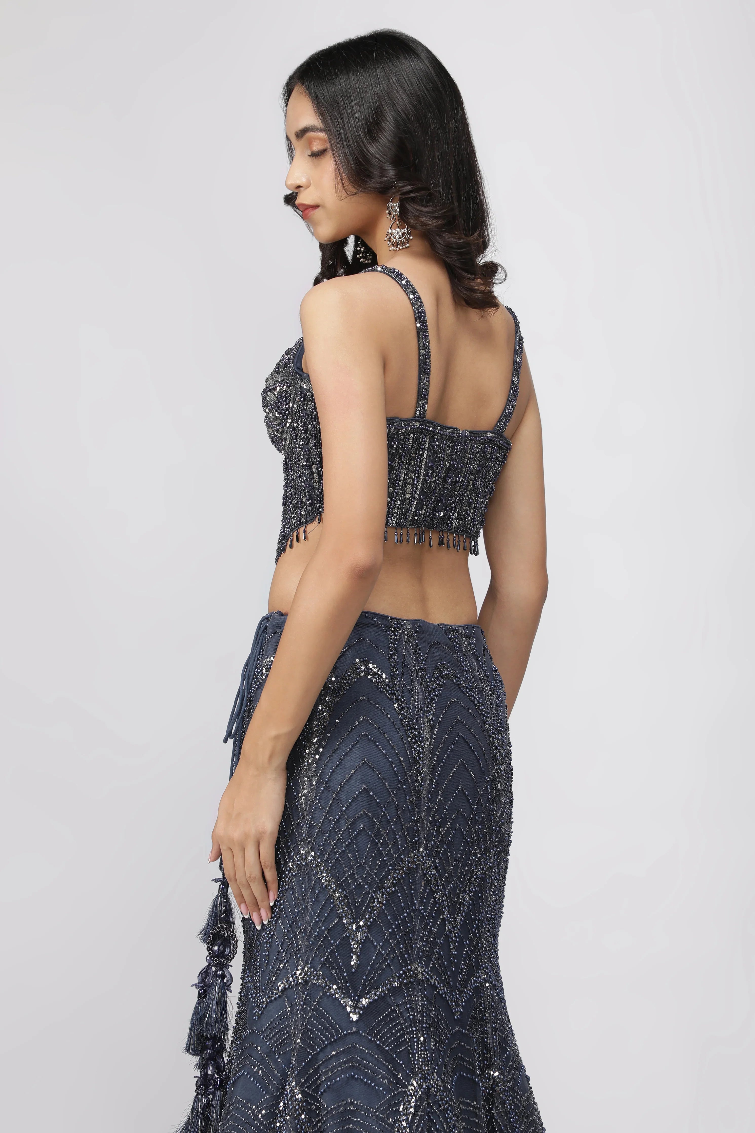 Blue Net Mermaid Lehenga with Embroidered Corset Blouse - Mokshaa