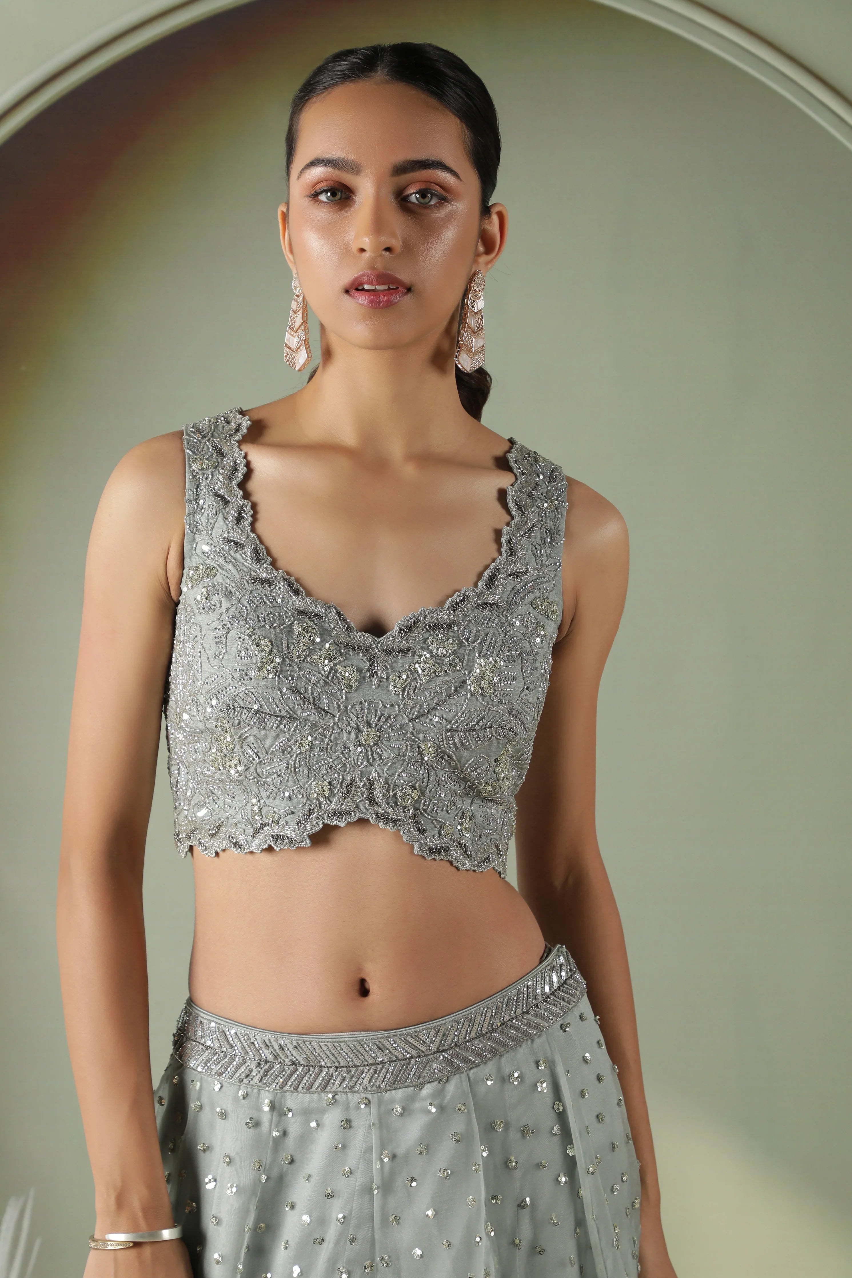 Ice Blue Organza Lehenga Set - Mokshaa
