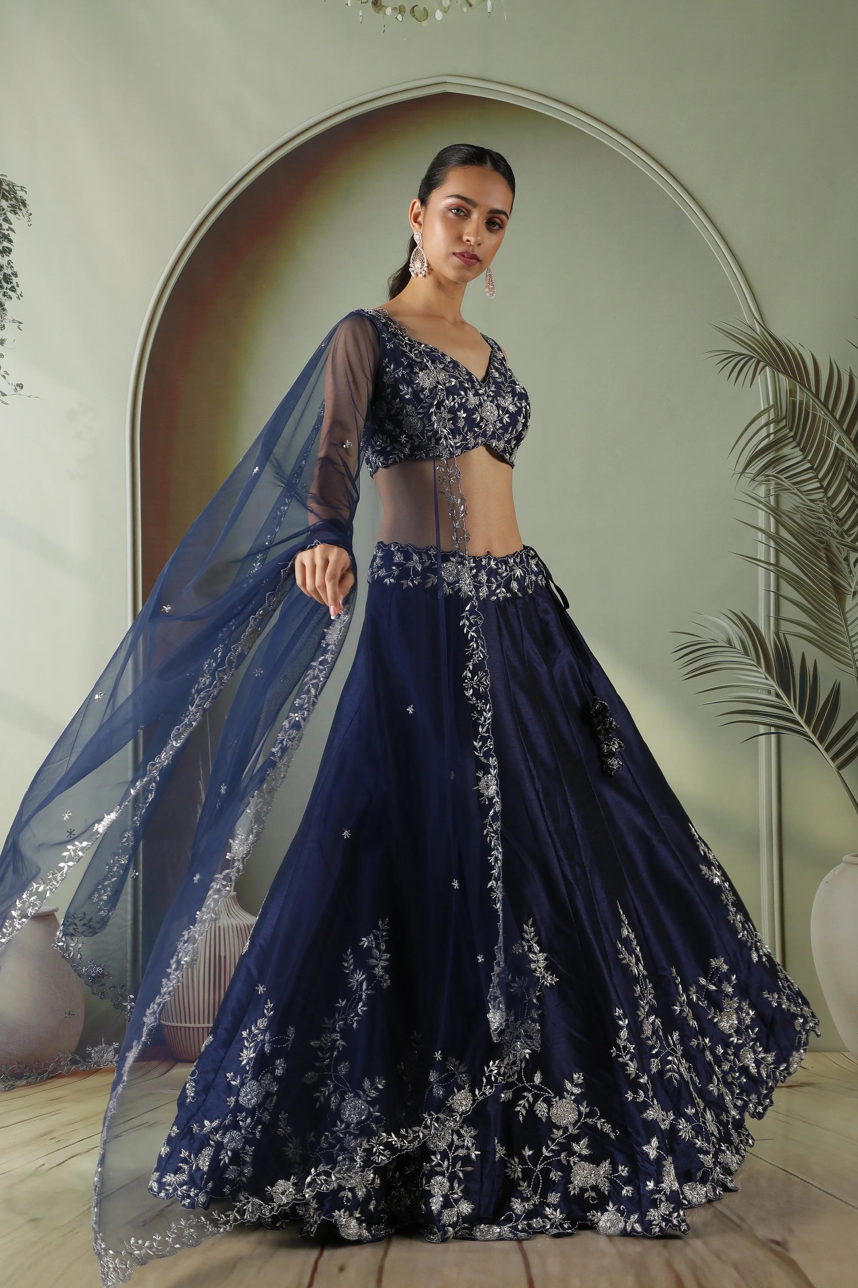 Navy Blue Raw Silk Embroidered Lehenga Set - Mokshaa