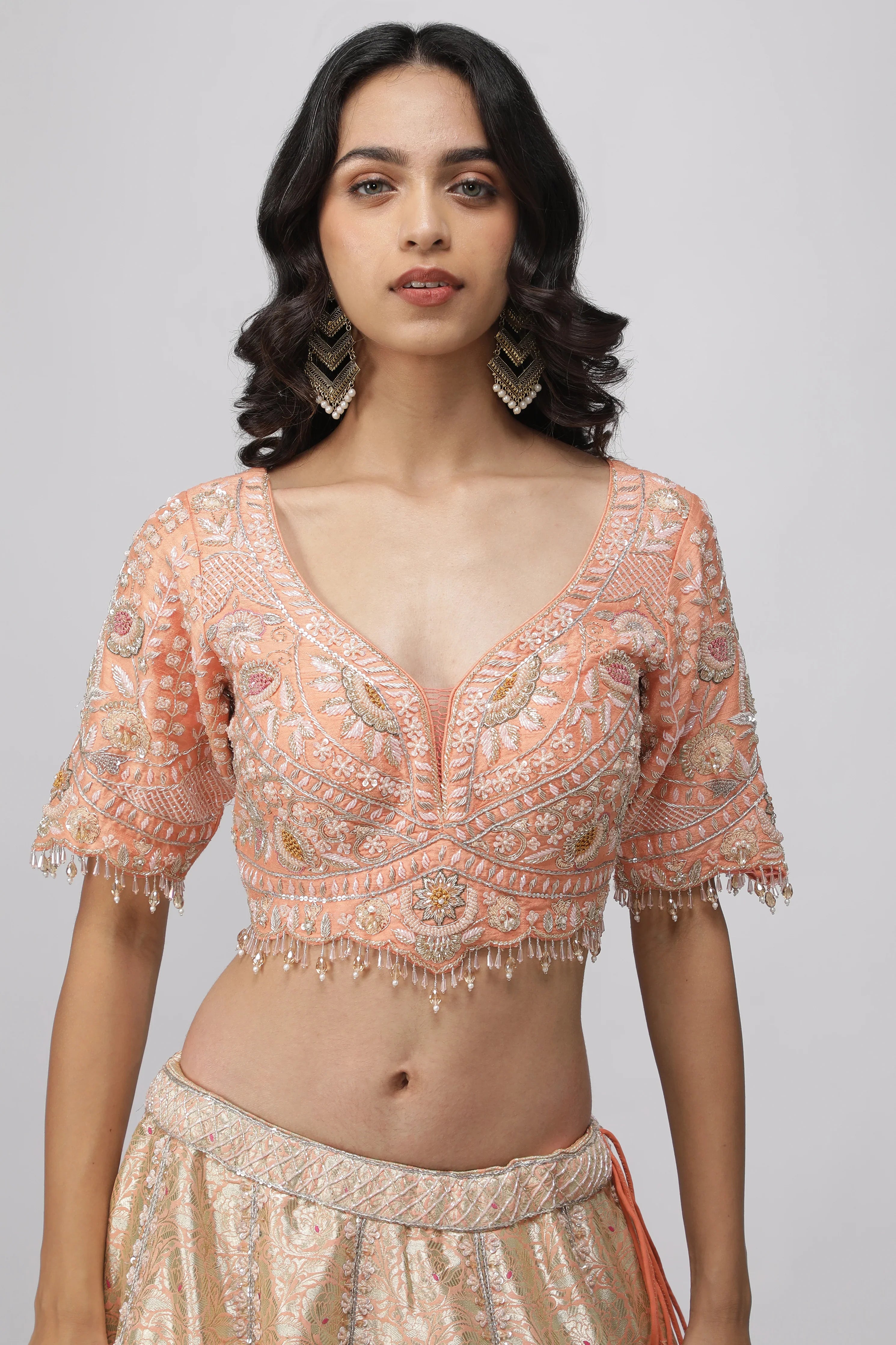Peach Banarasi Silk Lehenga Set - Mokshaa