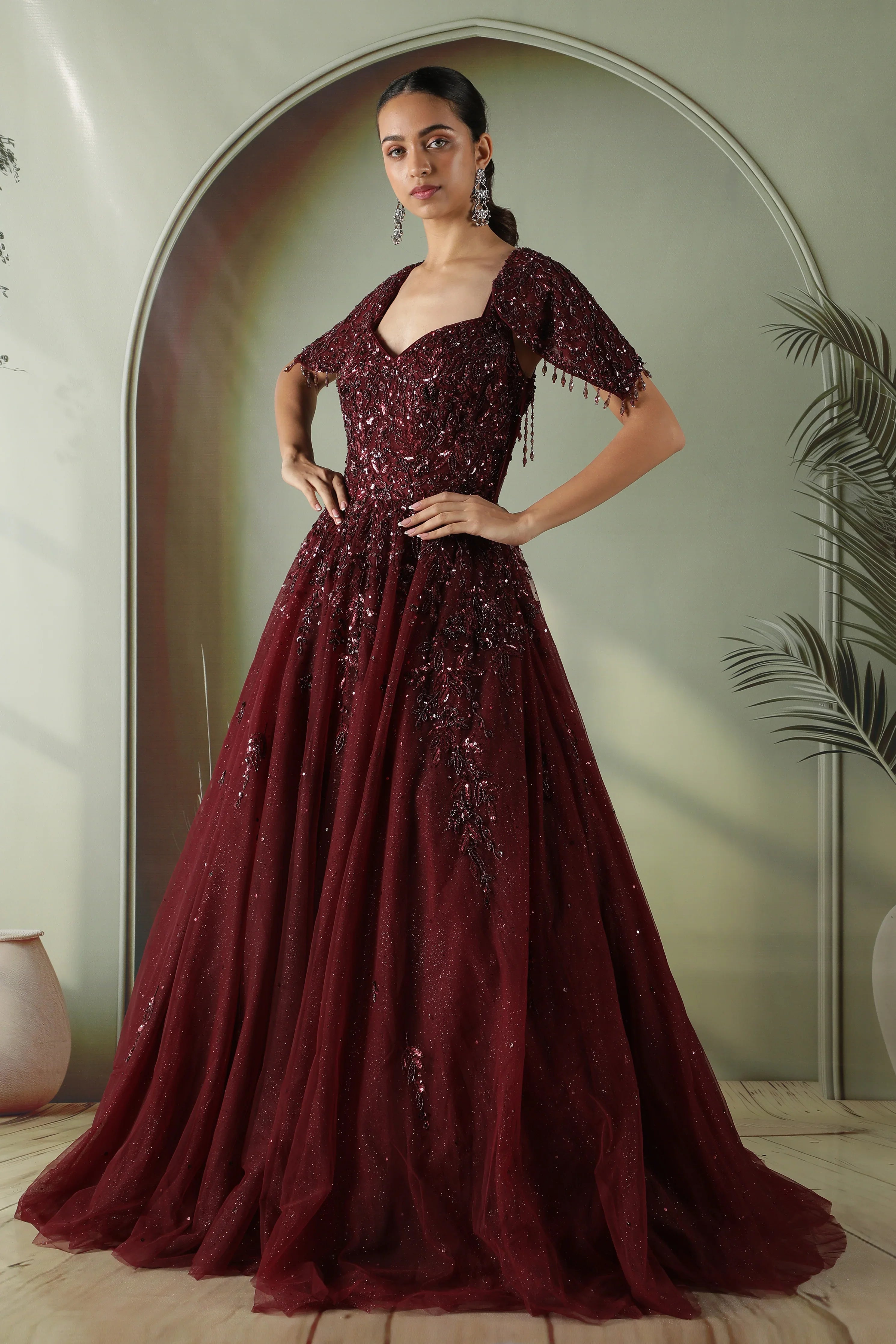 Maroon Net Gown with Sequin, Pearl & Cutdana Embroidery - Mokshaa