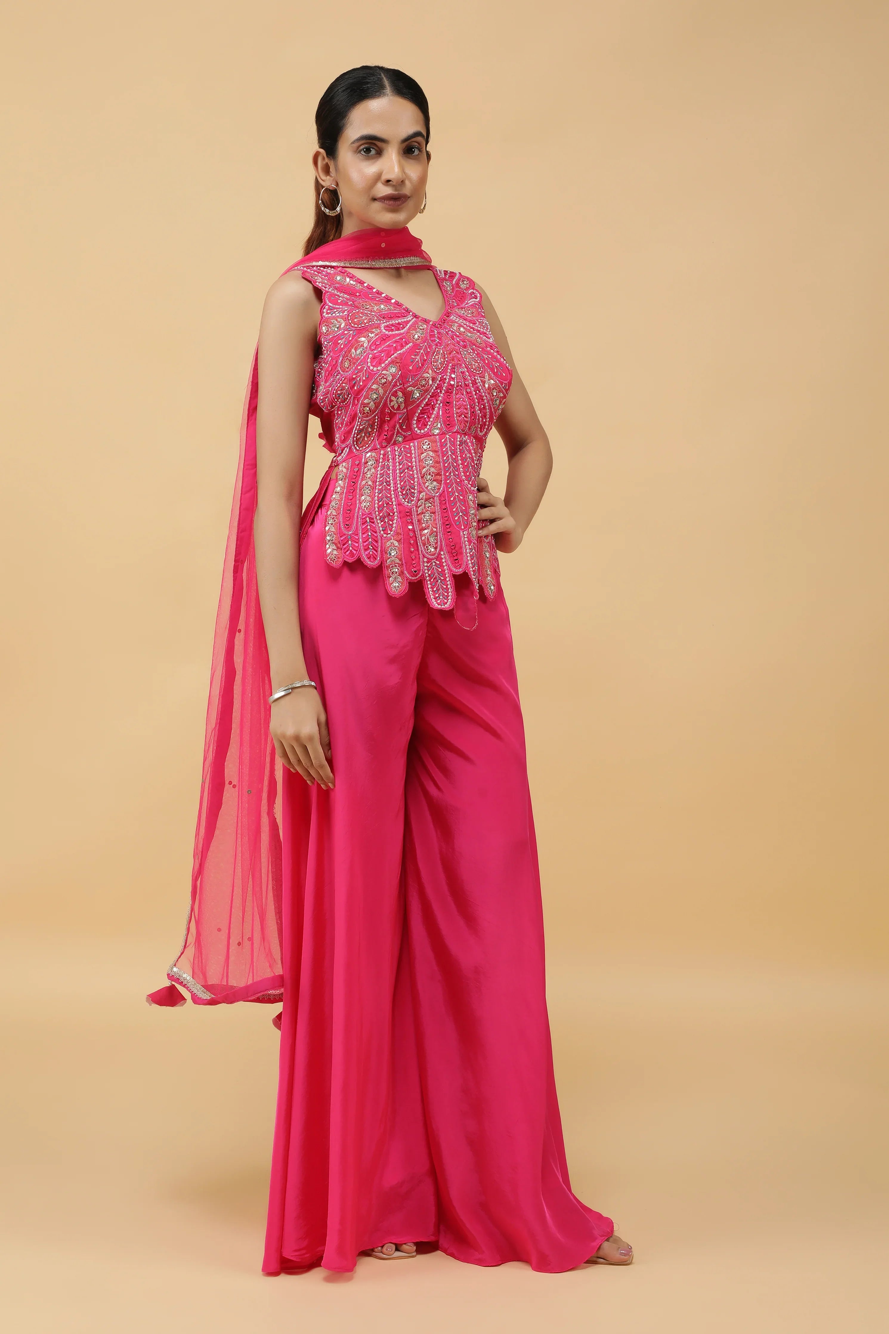Fuchsia Petal AppliquéSilk Top & Palazzo Pant Set - Mokshaa