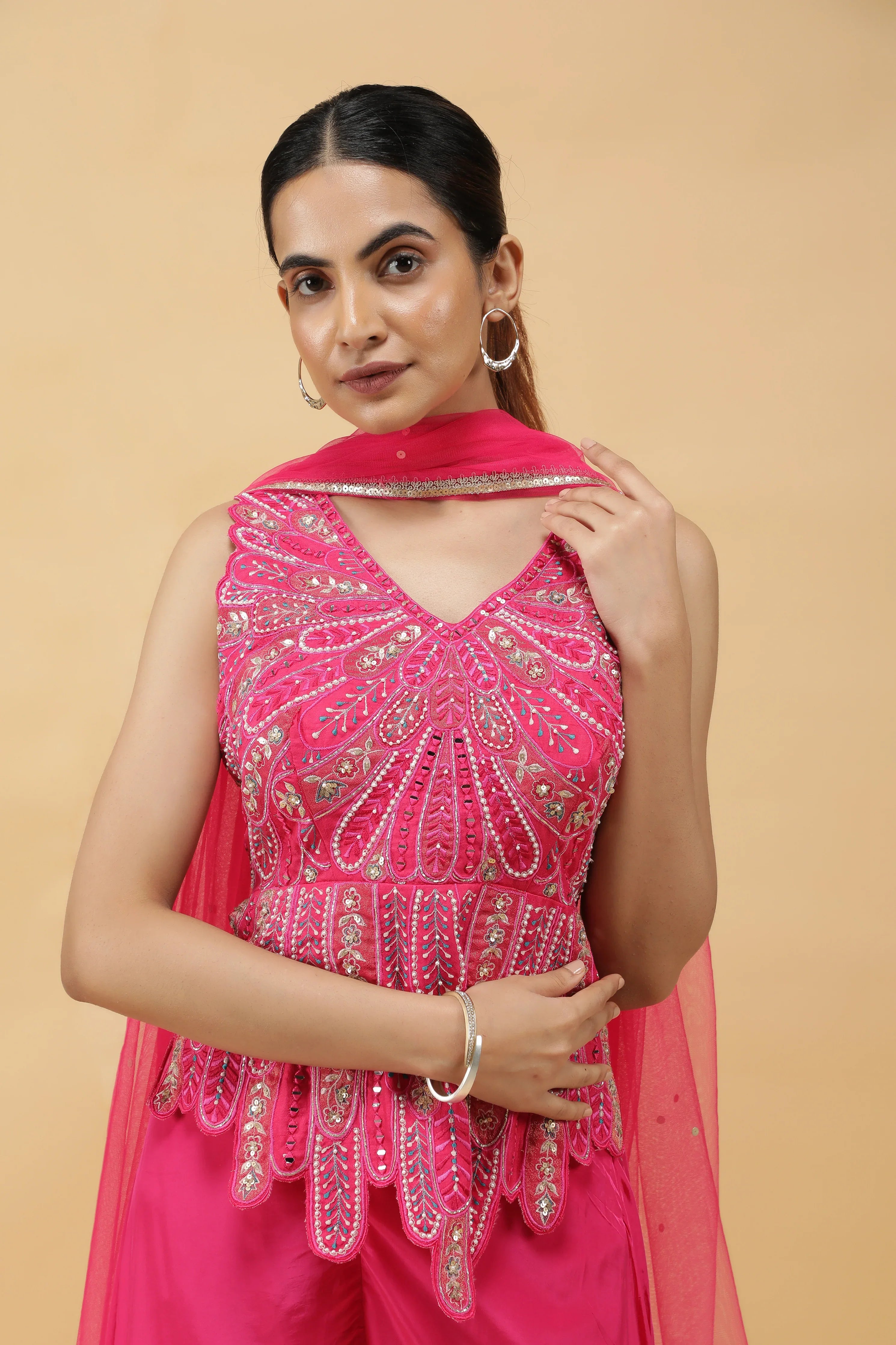 Fuchsia Petal AppliquéSilk Top & Palazzo Pant Set - Mokshaa