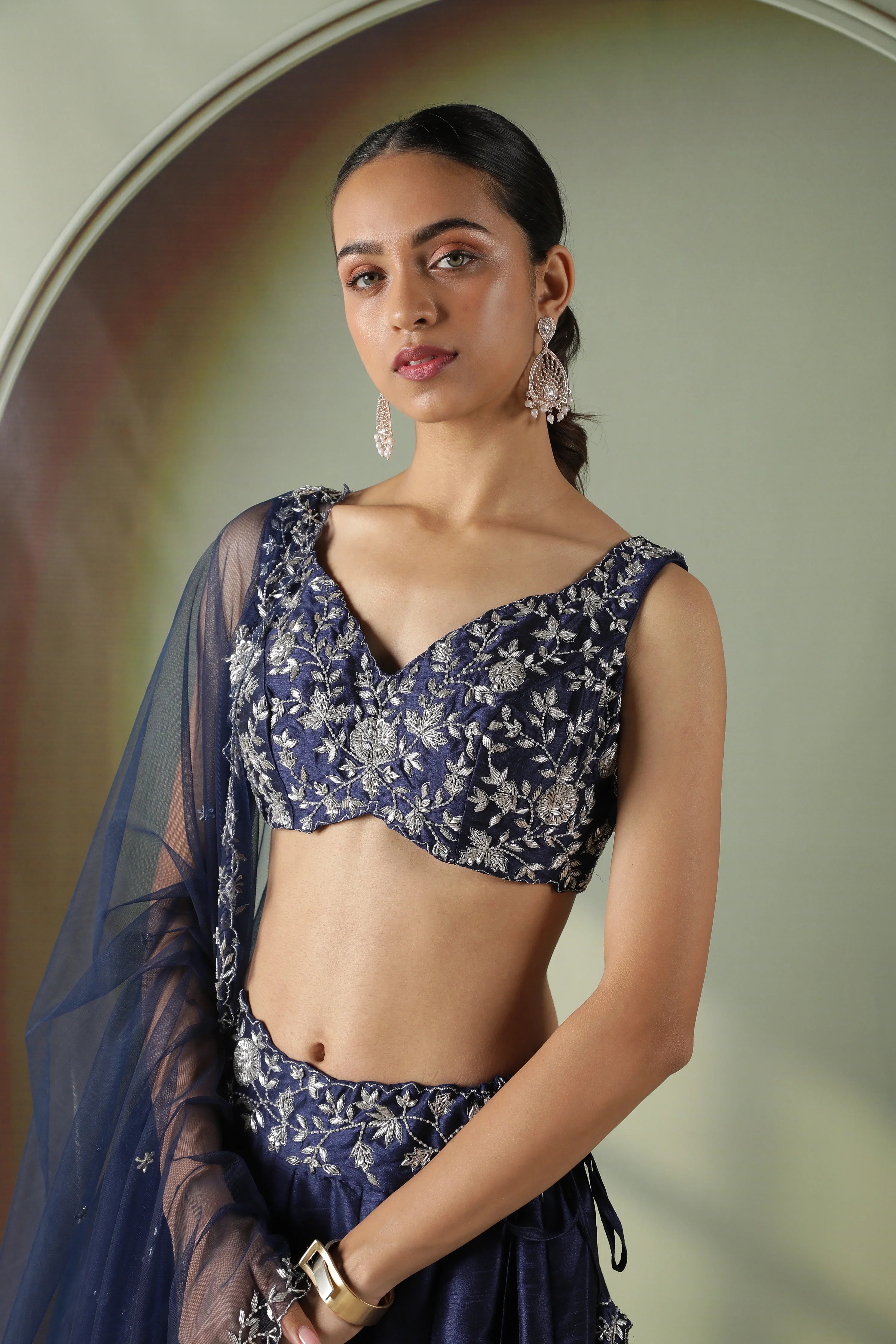 Navy Blue Raw Silk Embroidered Lehenga Set - Mokshaa