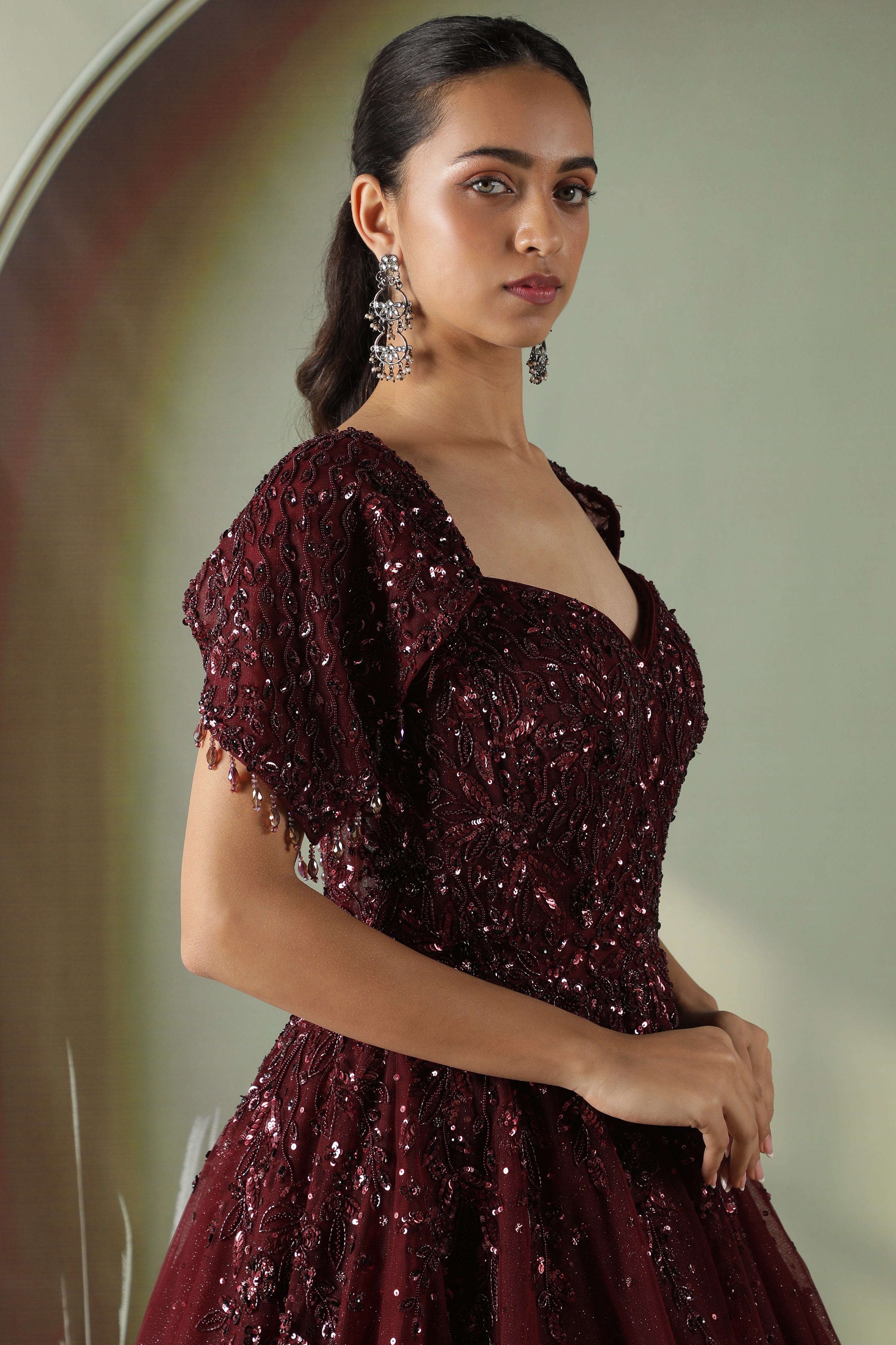Maroon Net Gown with Sequin, Pearl & Cutdana Embroidery - Mokshaa
