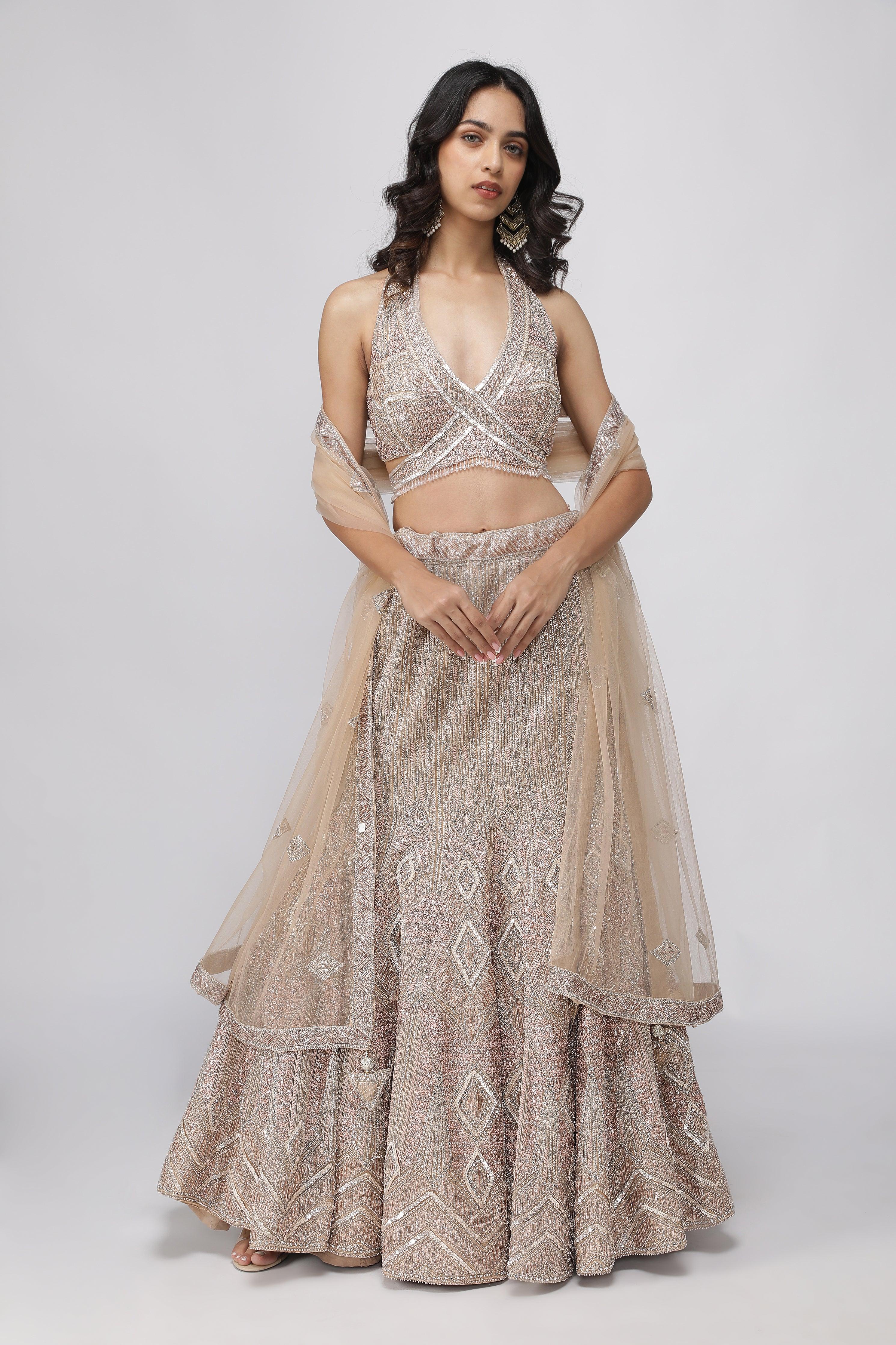 Champagne Net Mermaid Cut Lehenga set - Mokshaa