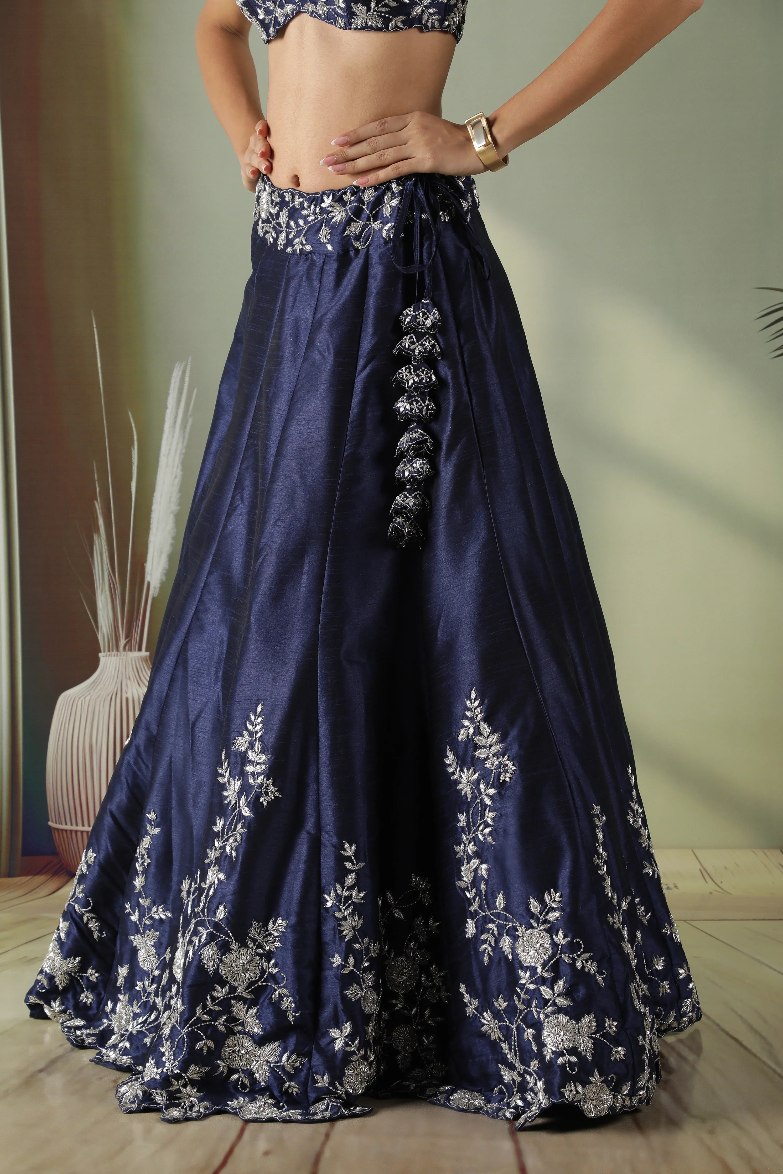 Navy Blue Raw Silk Embroidered Lehenga Set - Mokshaa