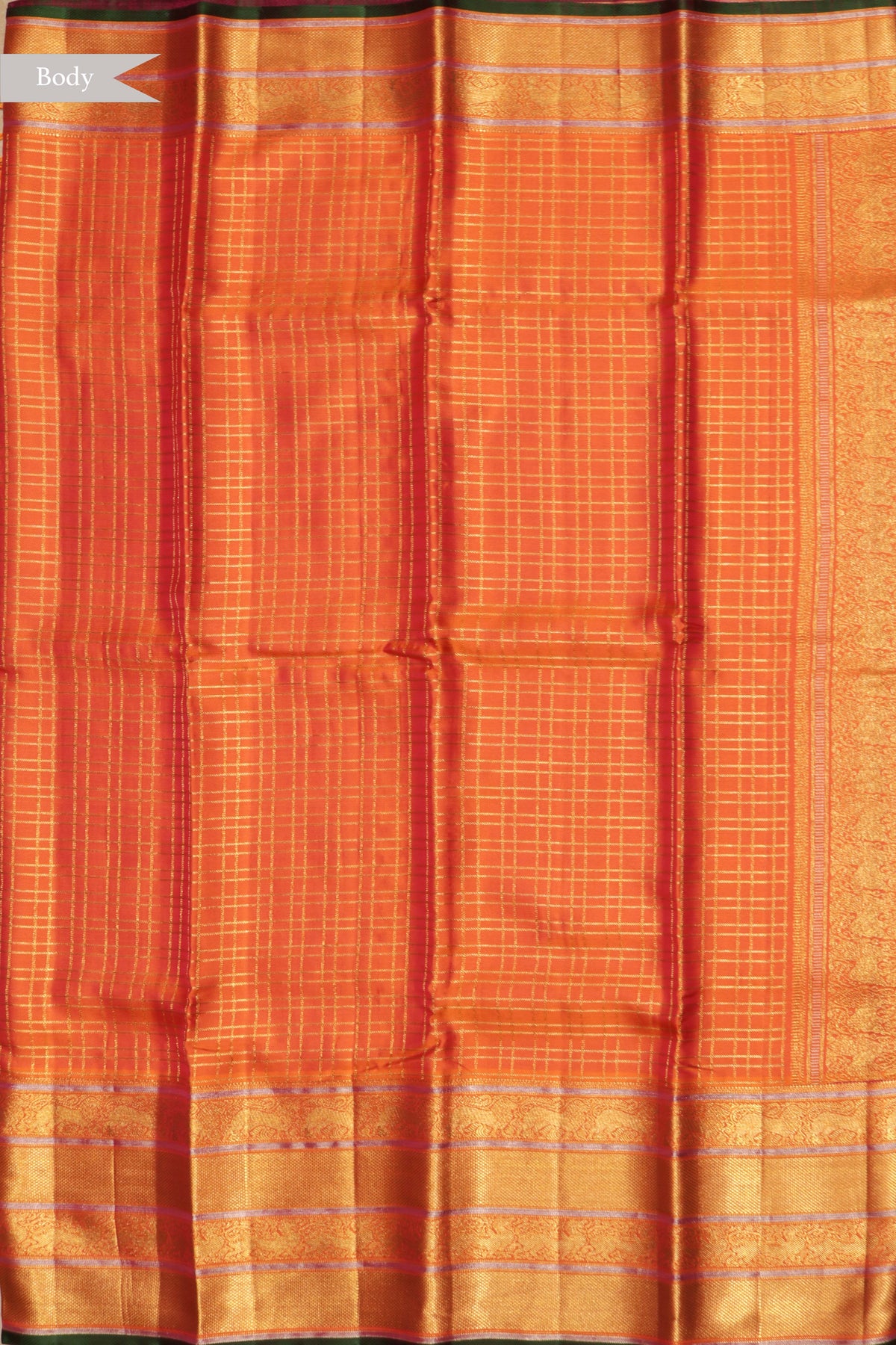 Orange Zari Checks Twill Silk Saree - Mokshaa