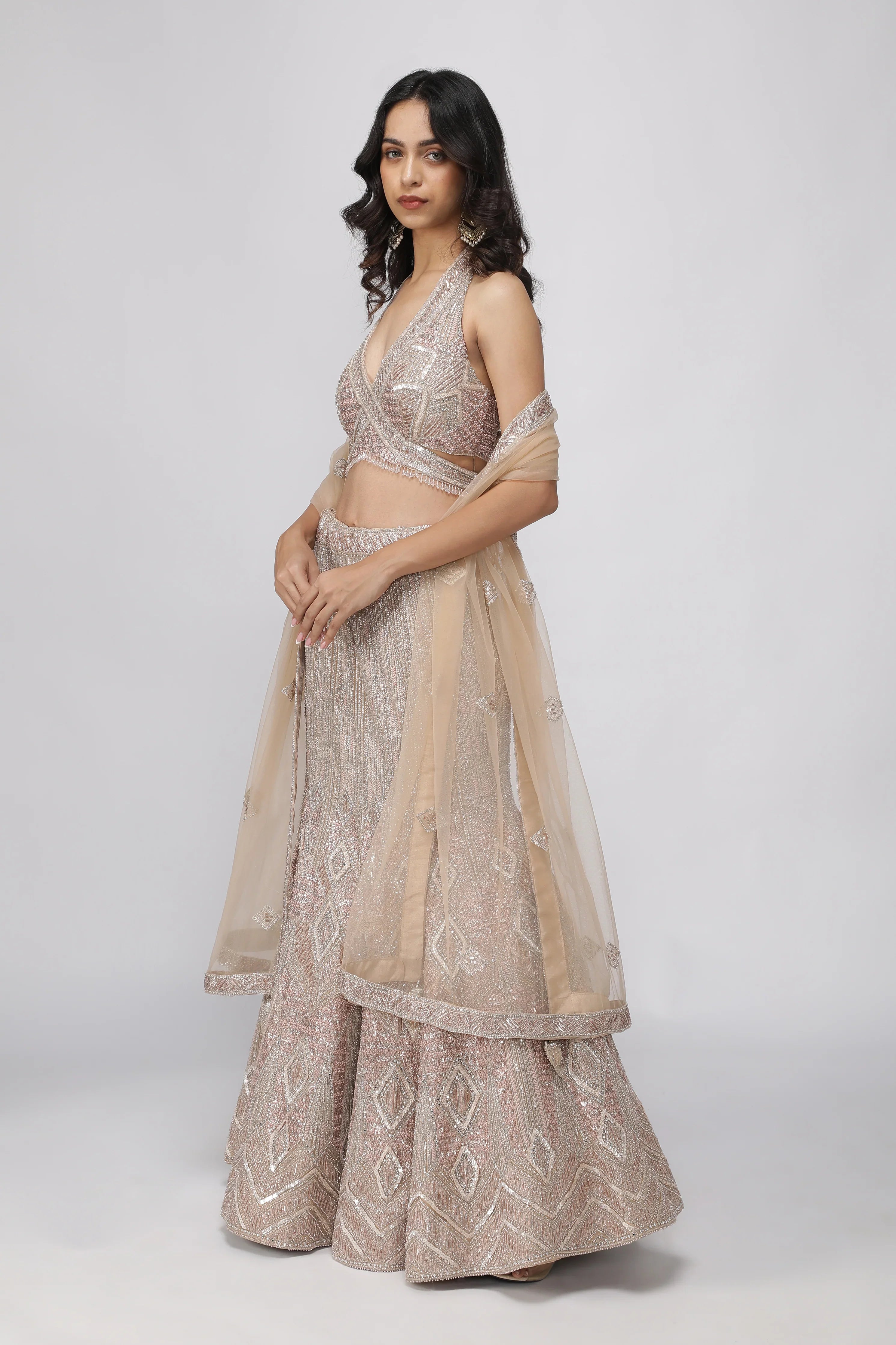 Champagne Net Mermaid Cut Lehenga set - Mokshaa