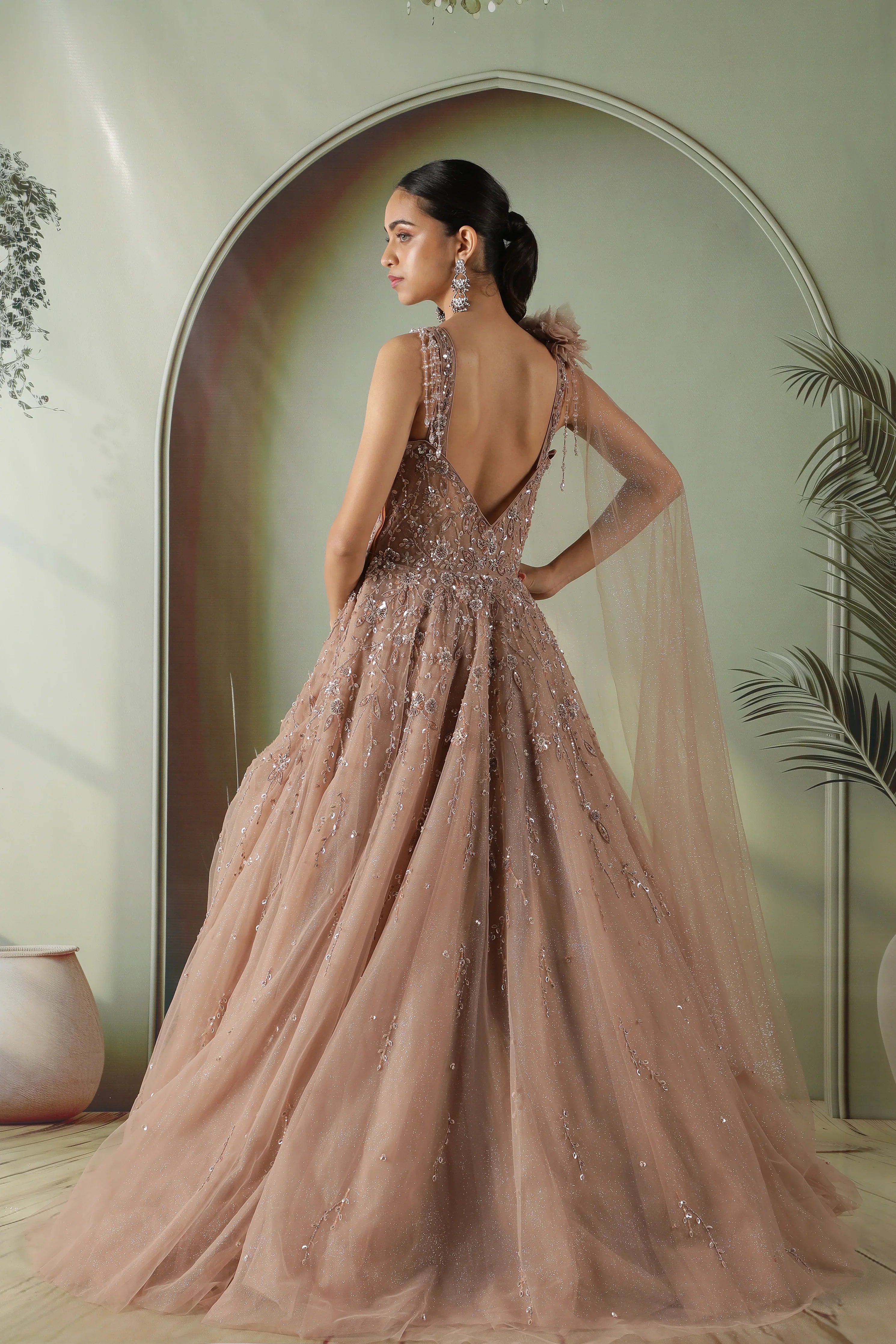 Dusty Peach Net Gown - Mokshaa