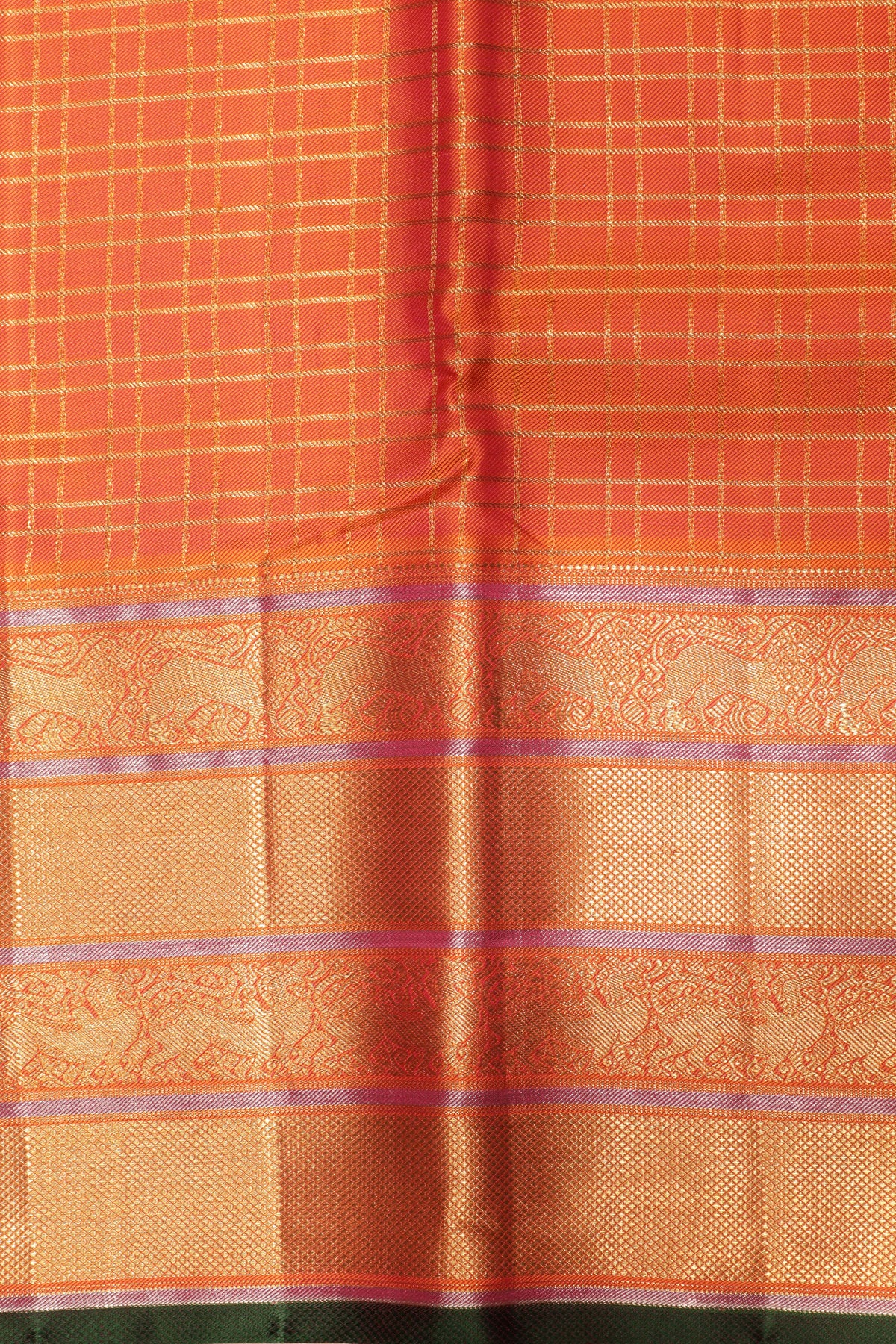 Orange Zari Checks Twill Silk Saree - Mokshaa