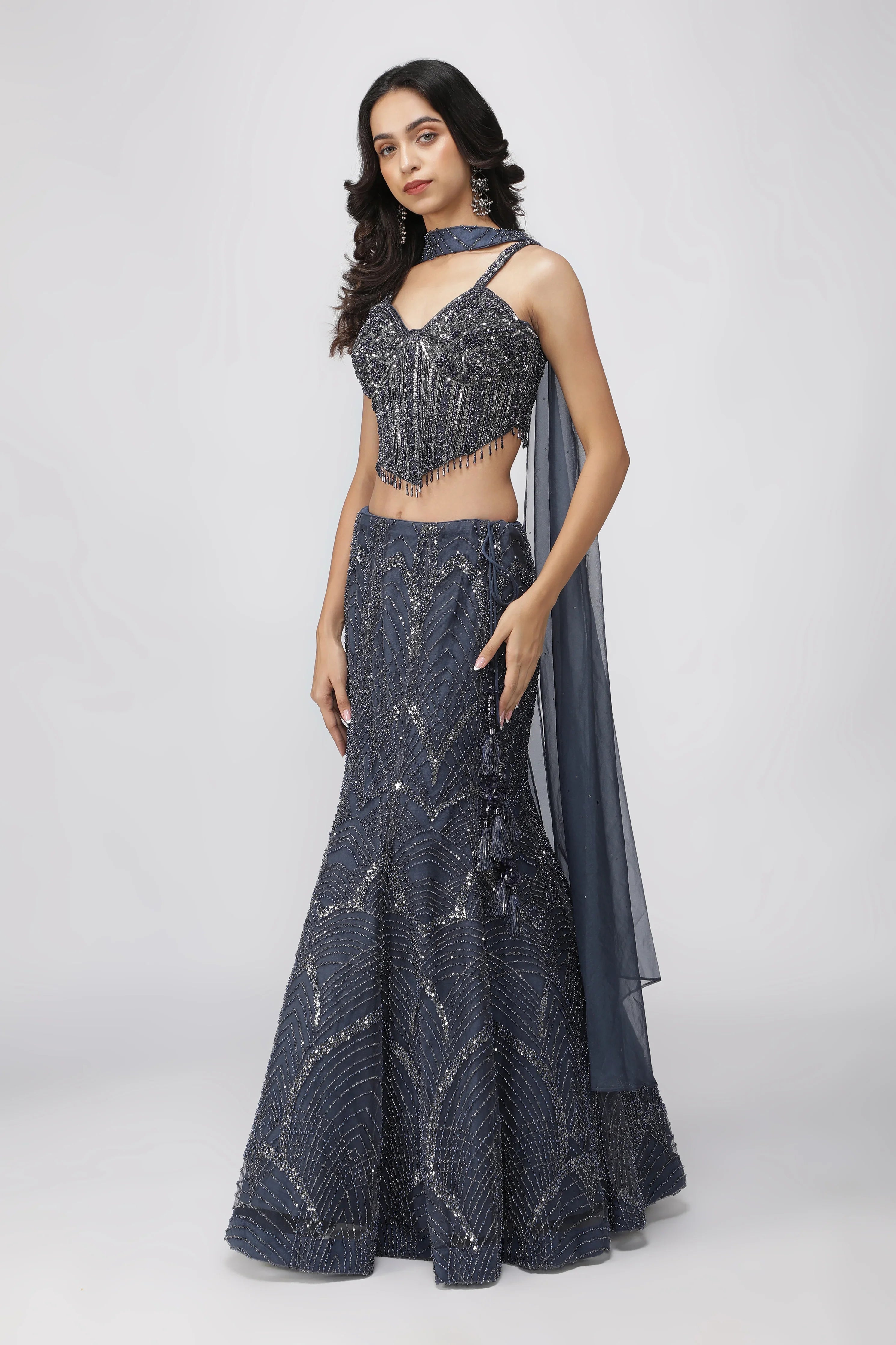 Blue Net Mermaid Lehenga with Embroidered Corset Blouse - Mokshaa