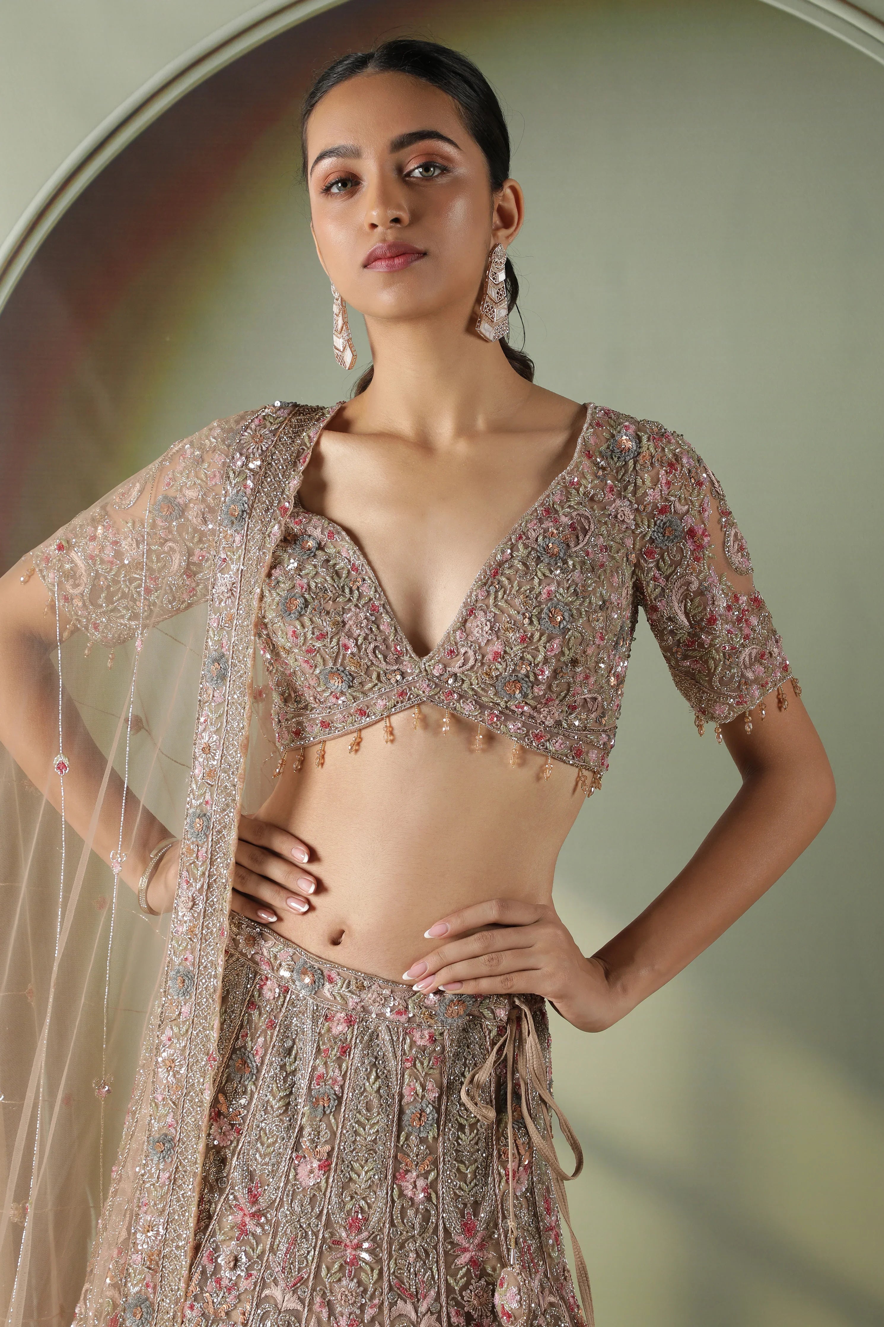 Mocha Taupe Multi-Color Embroidered Net Lehenga Set - Mokshaa