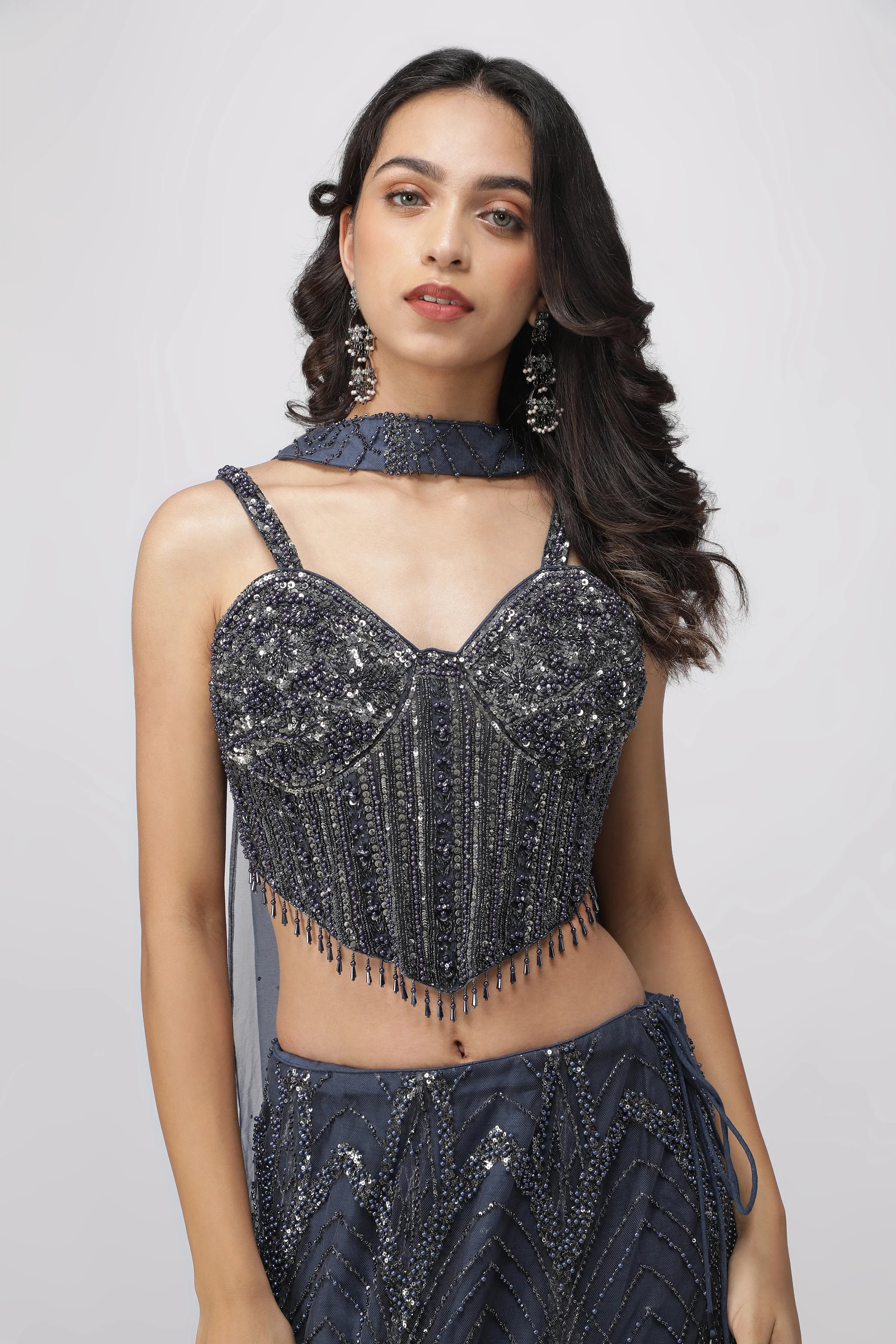 Blue Net Mermaid Lehenga with Embroidered Corset Blouse - Mokshaa