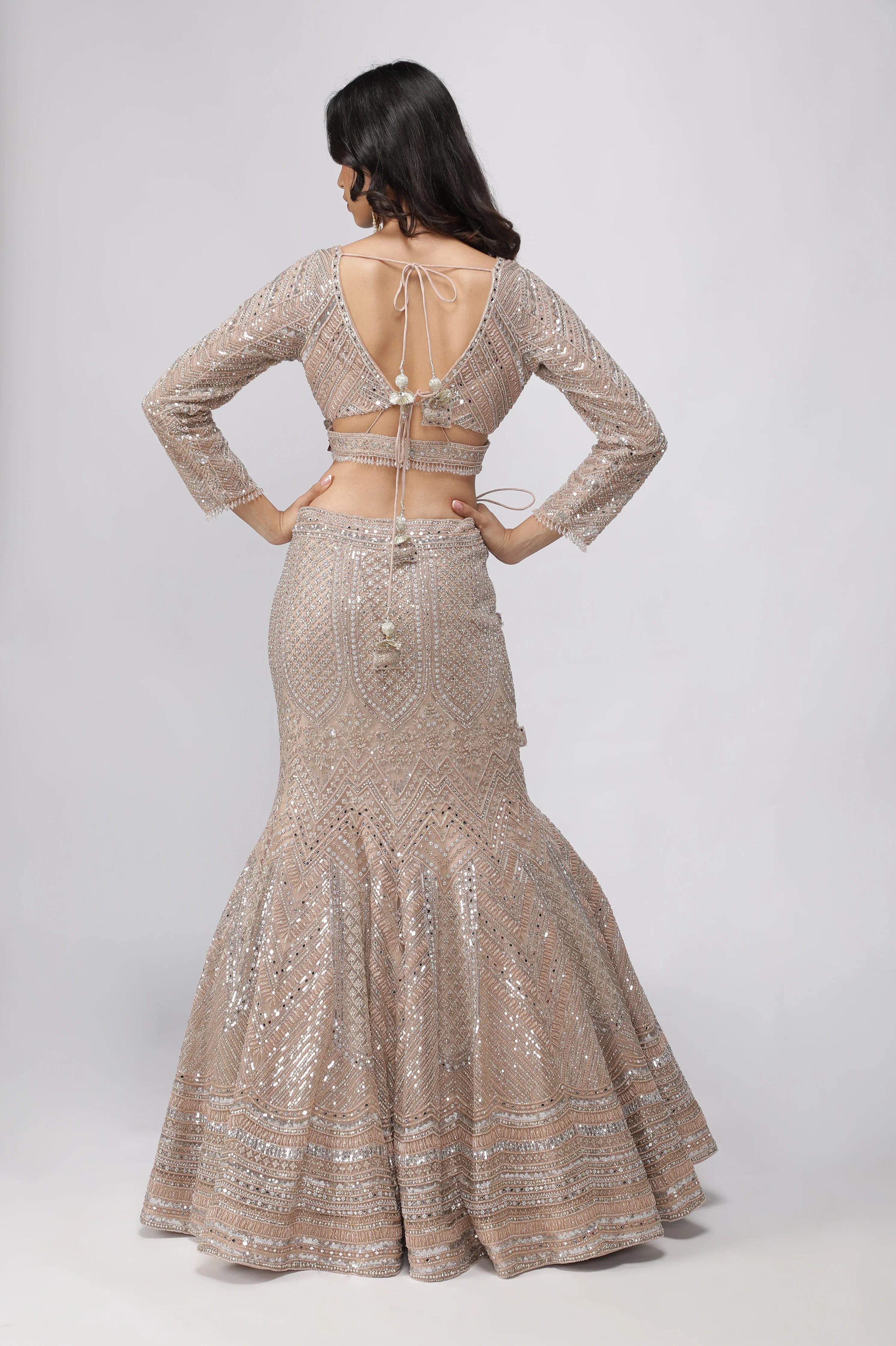 Embellished Champagne Beige Mermaid Lehenga set - Mokshaa