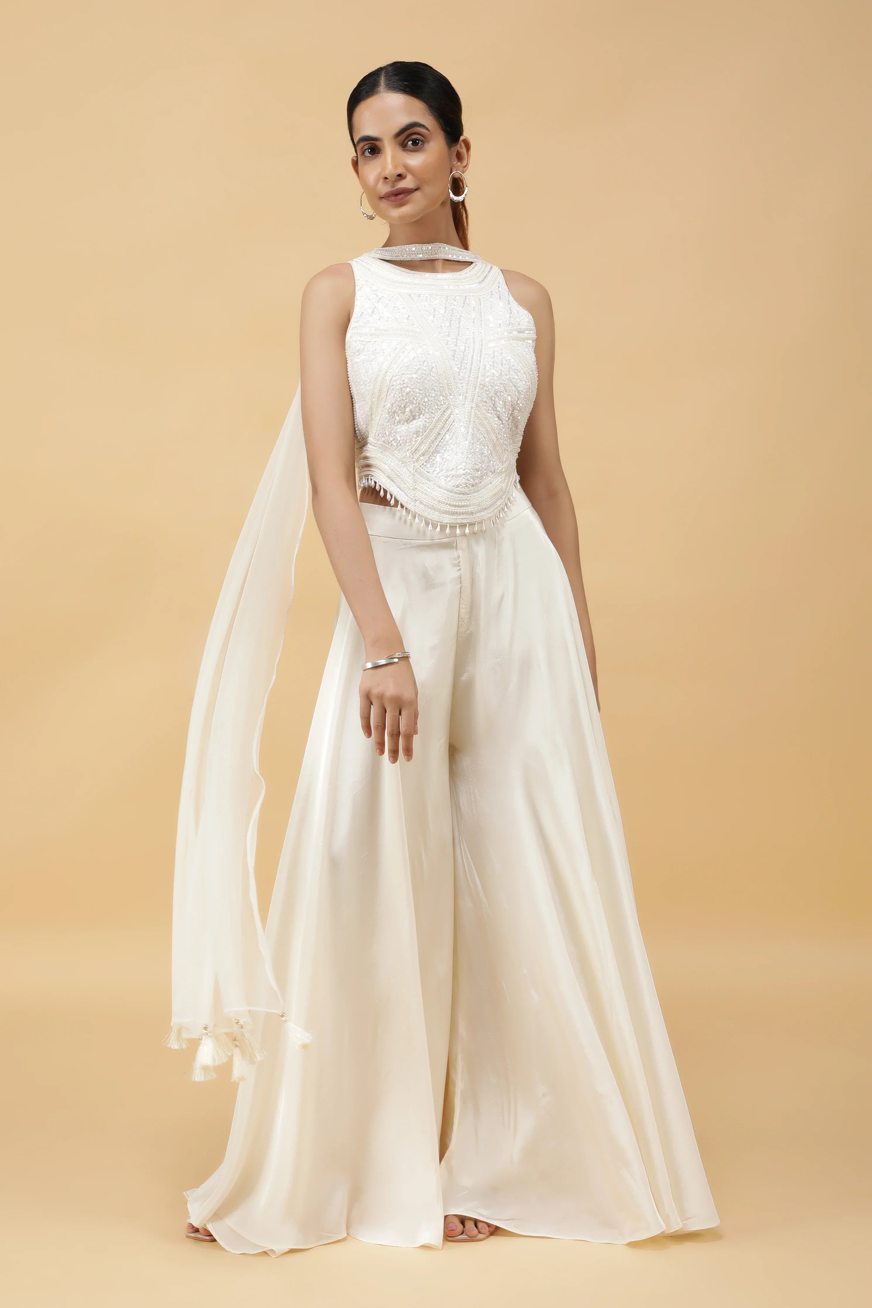 Ivory Prism Kutdana Embroidered Crop Top, Palazzo & Dupatta Set - Mokshaa
