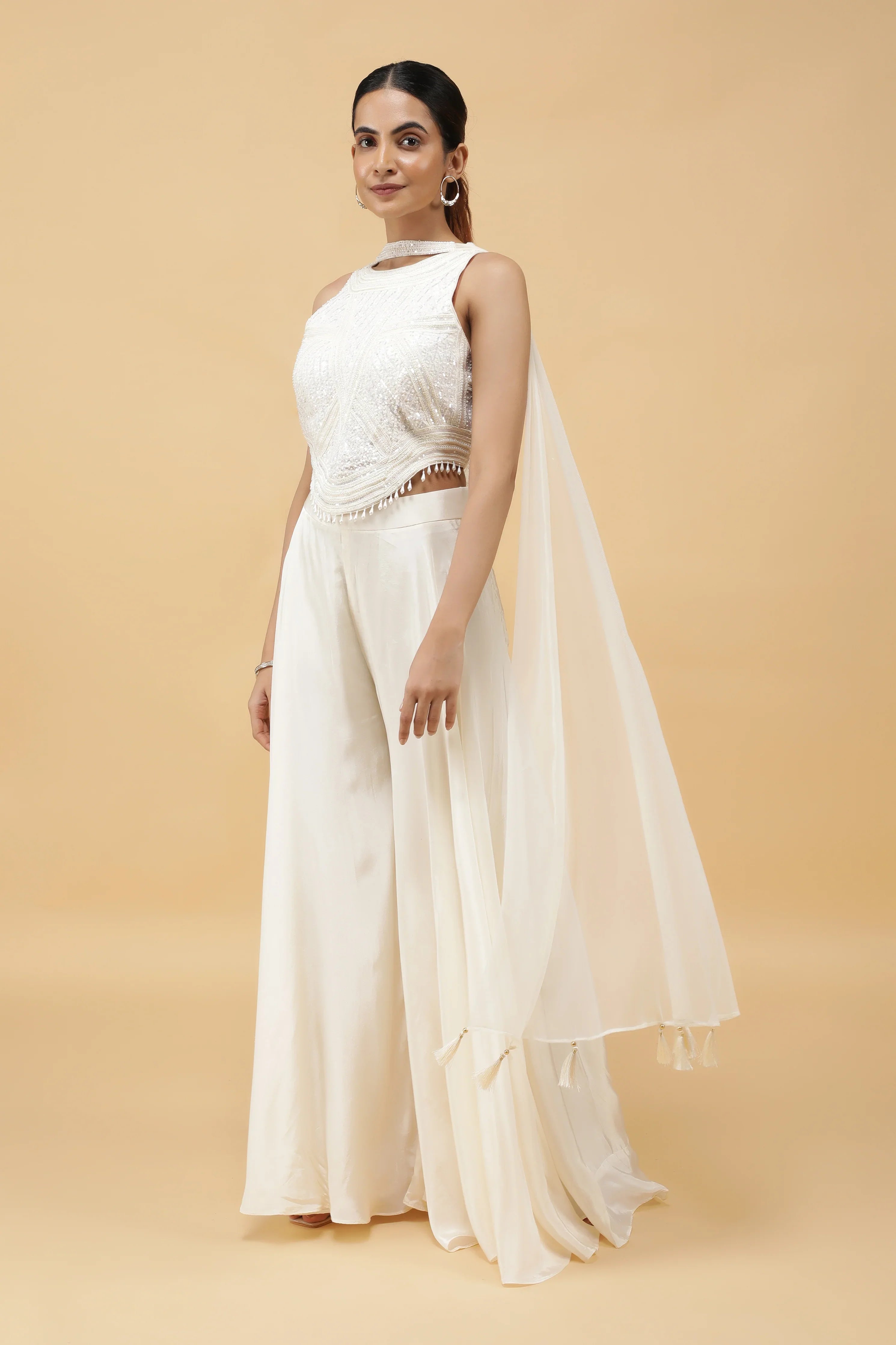 Ivory Prism Kutdana Embroidered Crop Top, Palazzo & Dupatta Set - Mokshaa