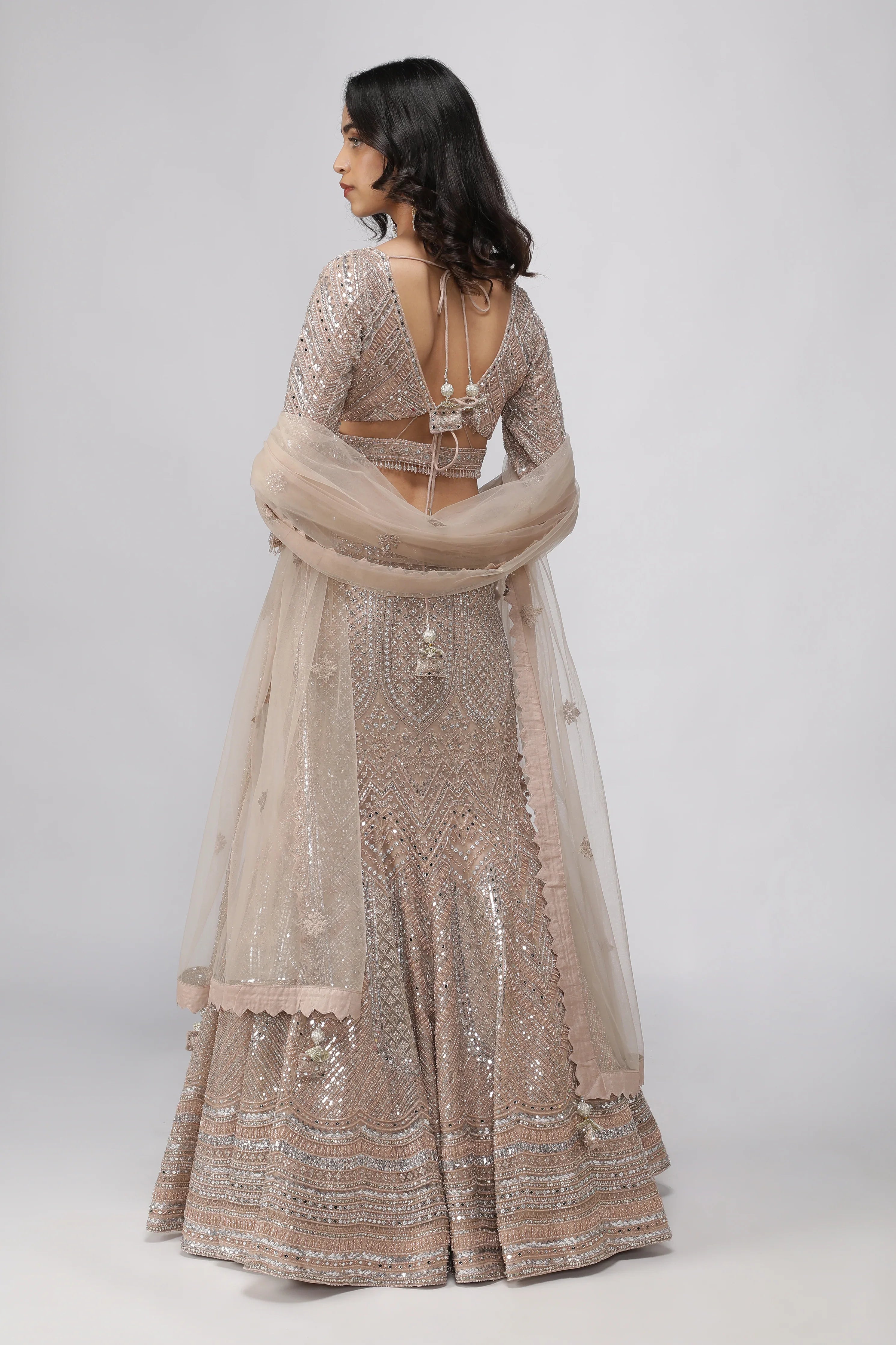 Embellished Champagne Beige Mermaid Lehenga set - Mokshaa