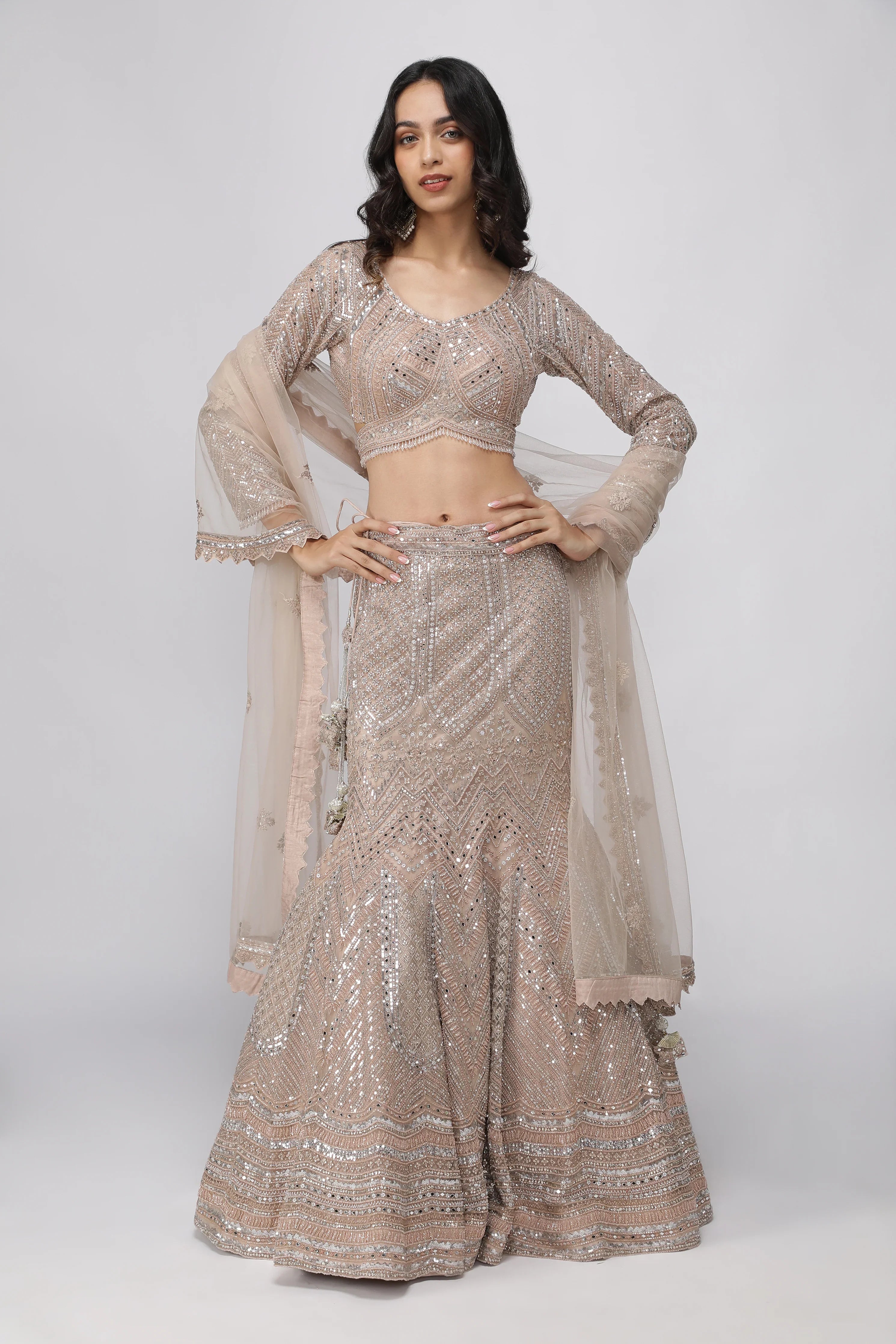 Embellished Champagne Beige Mermaid Lehenga set - Mokshaa