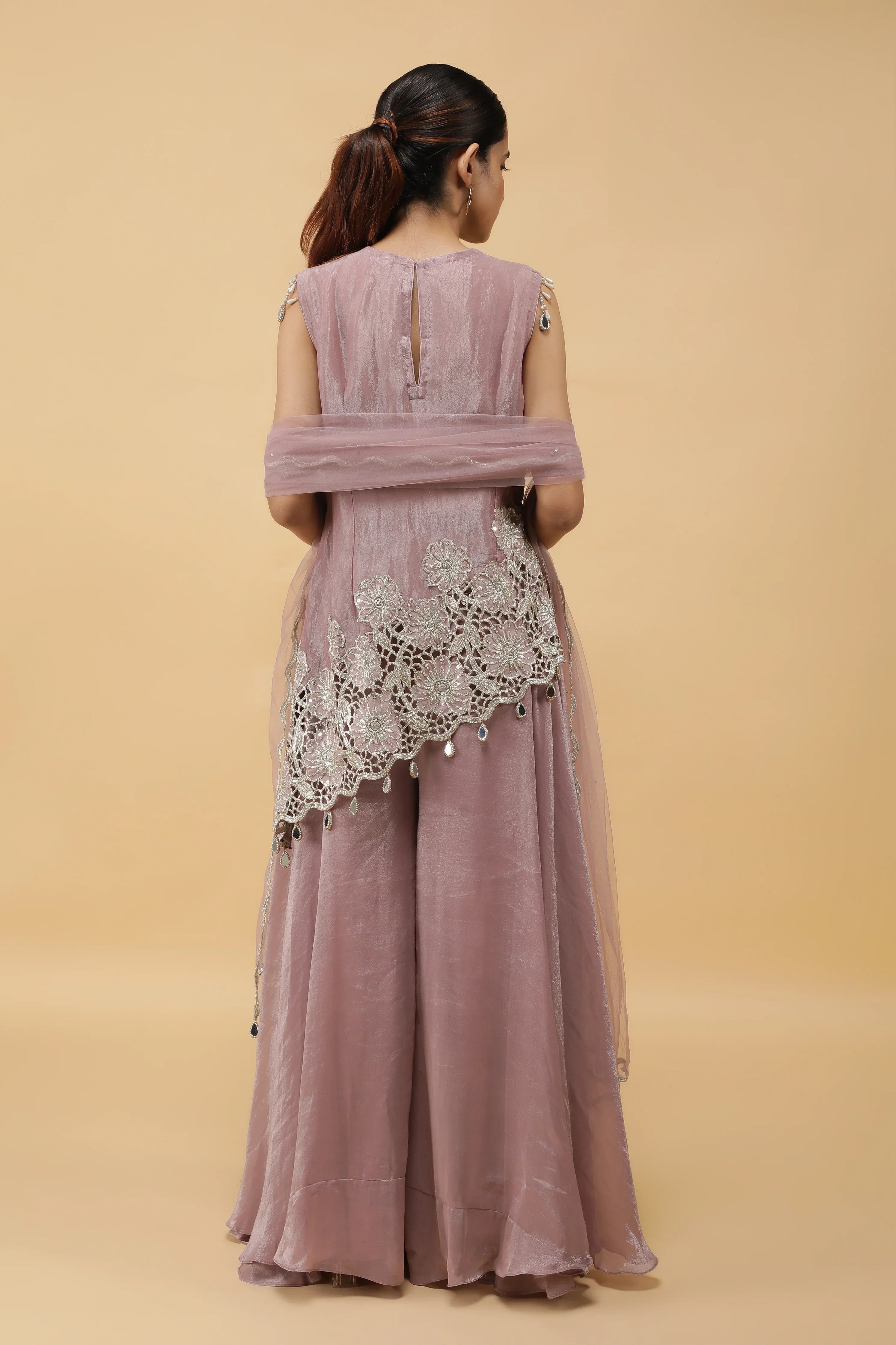 Lavender Lattice Zari Cutwork Top & Palazzo Set - Mokshaa