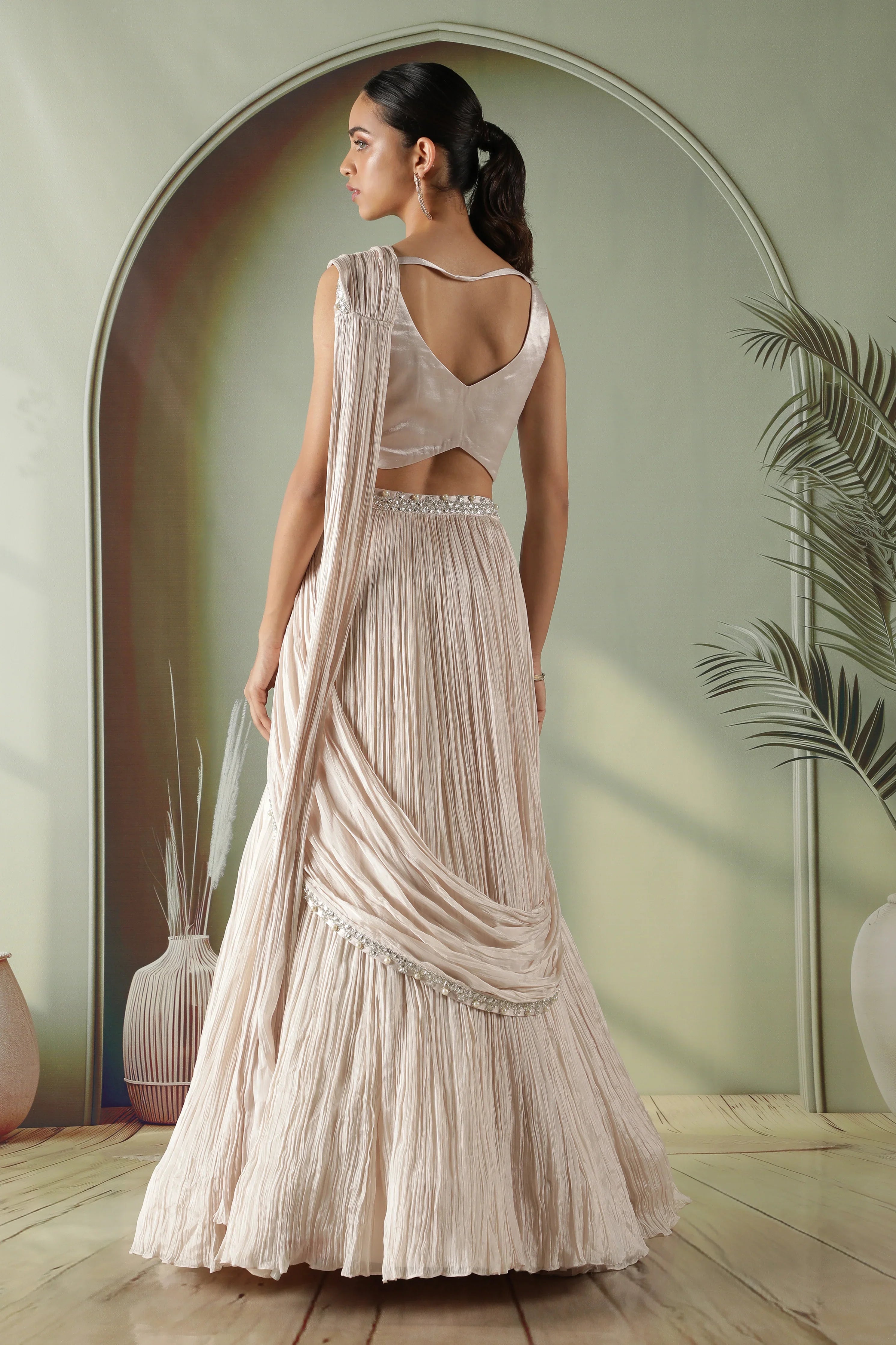 Ivory Silk Lehenga with Draped Dupatta and Embellished Net Cape - Mokshaa