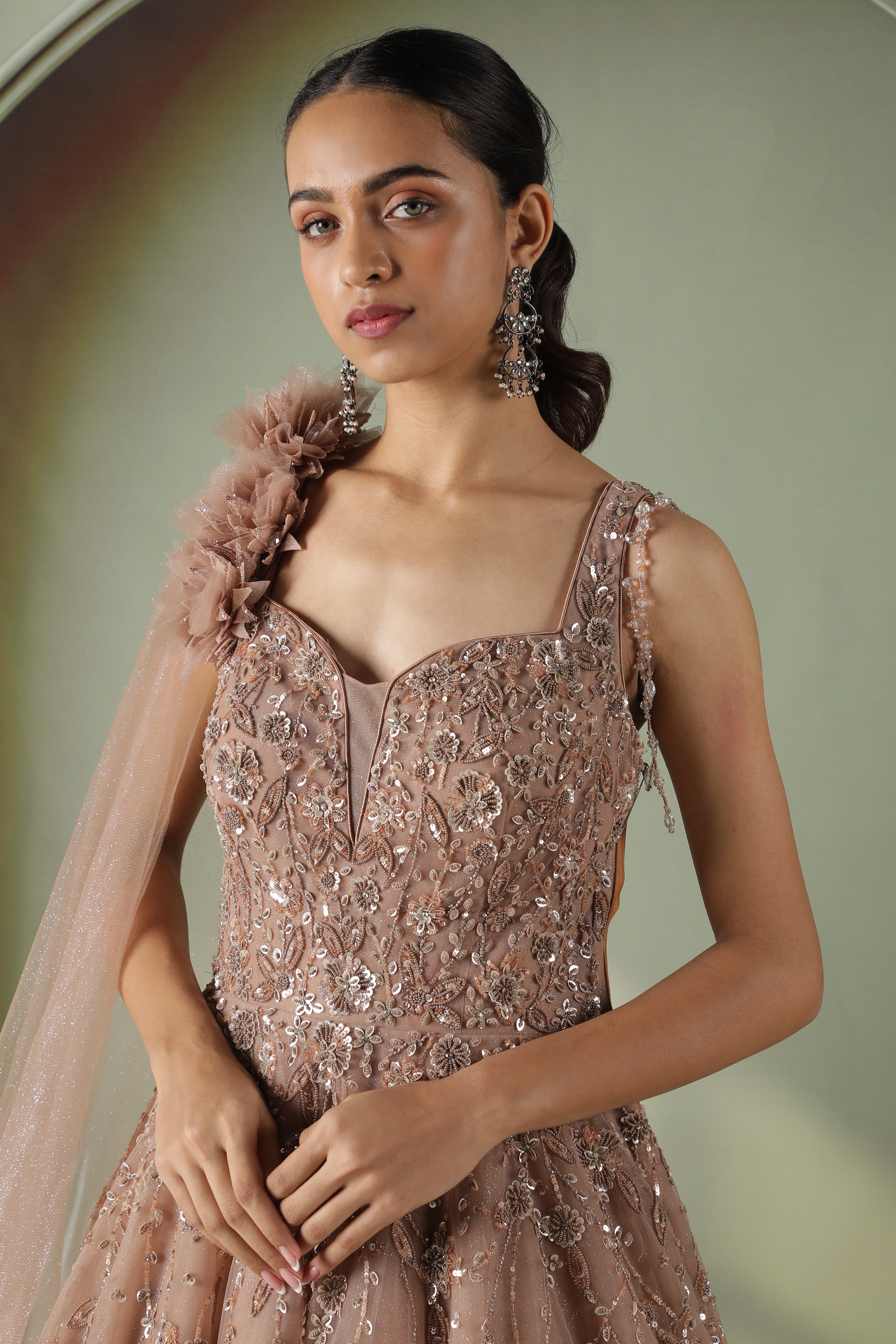 Dusty Peach Net Gown with Pearl and Sequin Embroidery - Mokshaa