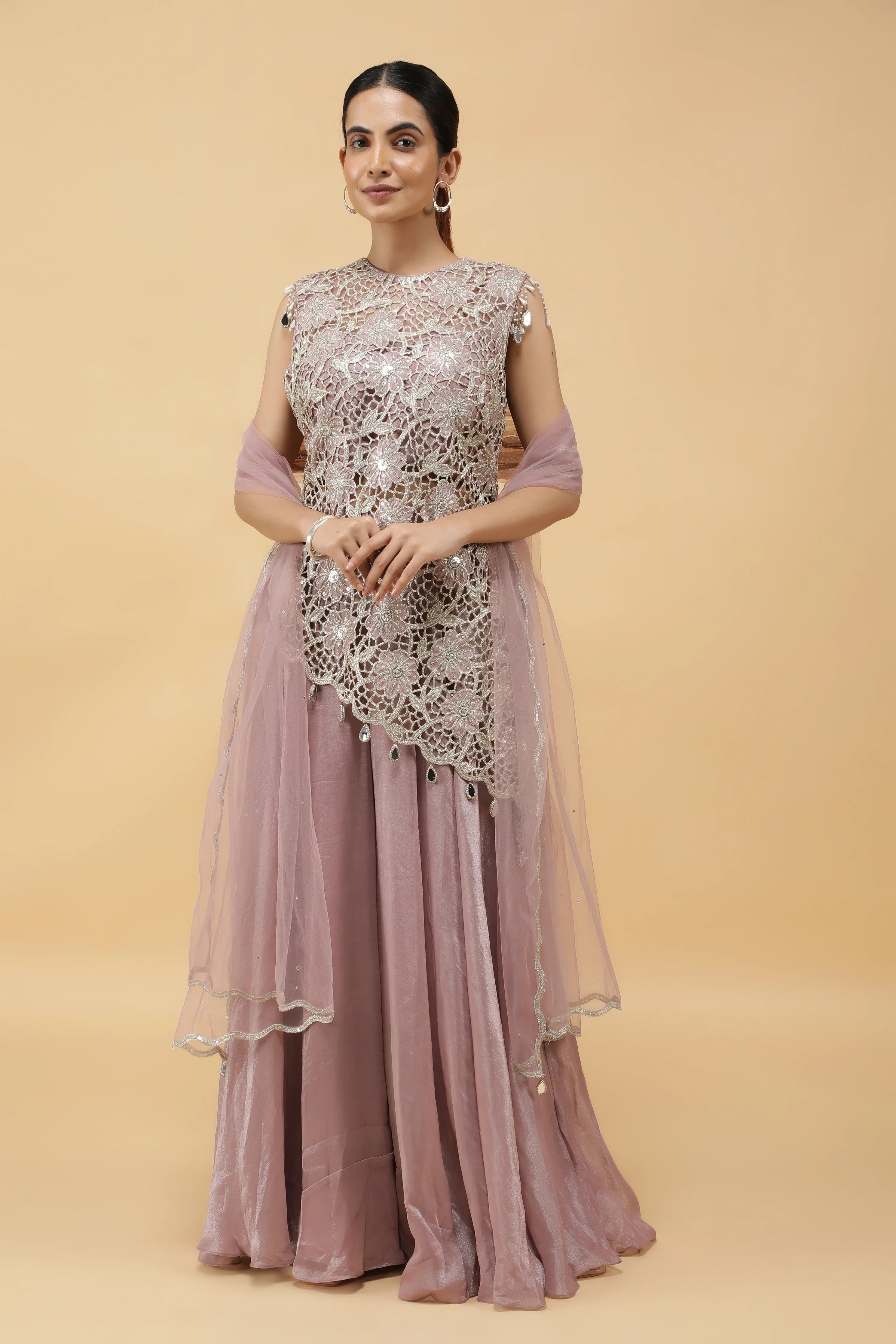 Lavender Lattice Zari Cutwork Top & Palazzo Set - Mokshaa