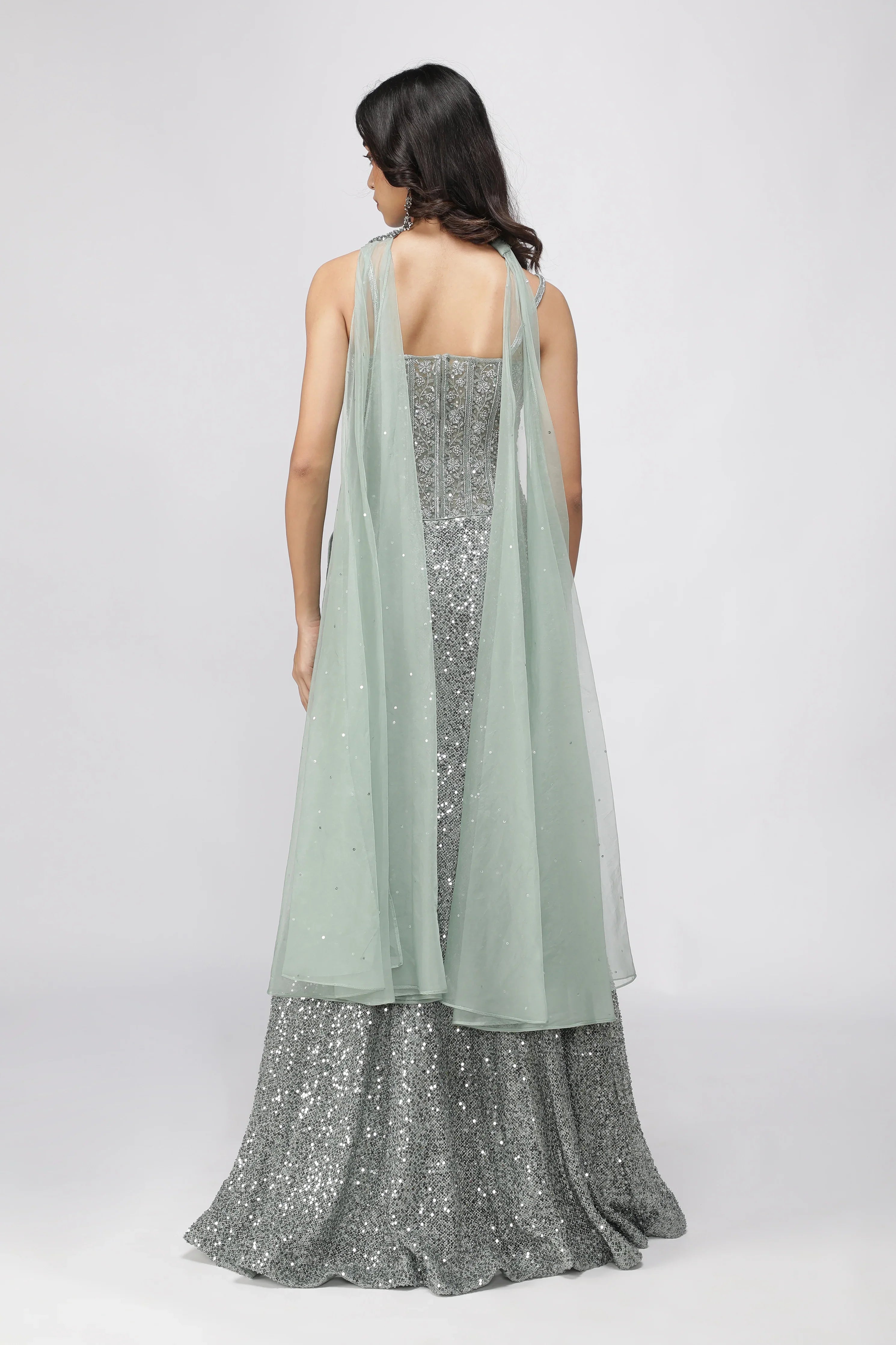 Mint Green Net Mermaid Cut Lehenga Set | Lehenga | Mokshaa