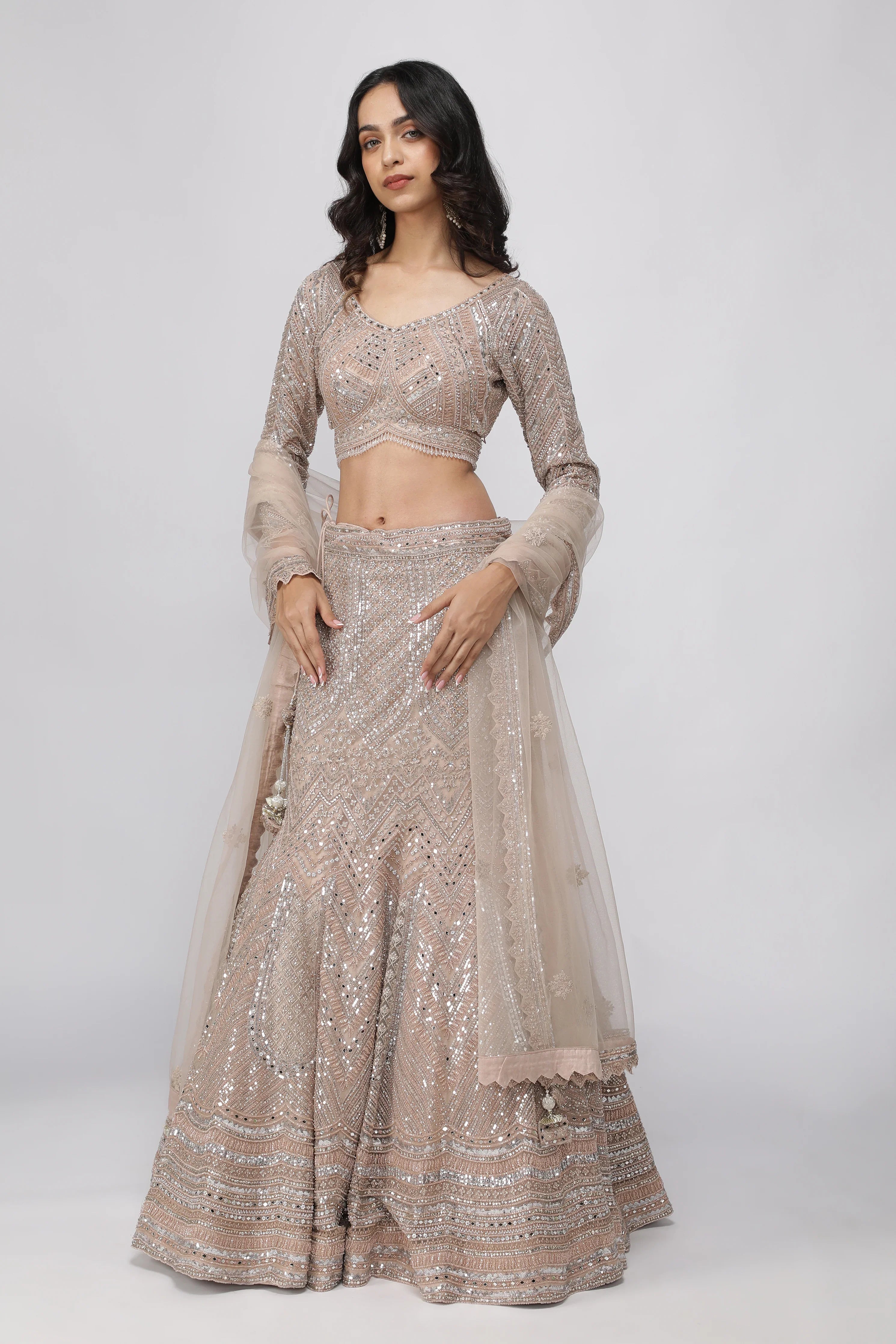 Embellished Champagne Beige Mermaid Lehenga set - Mokshaa