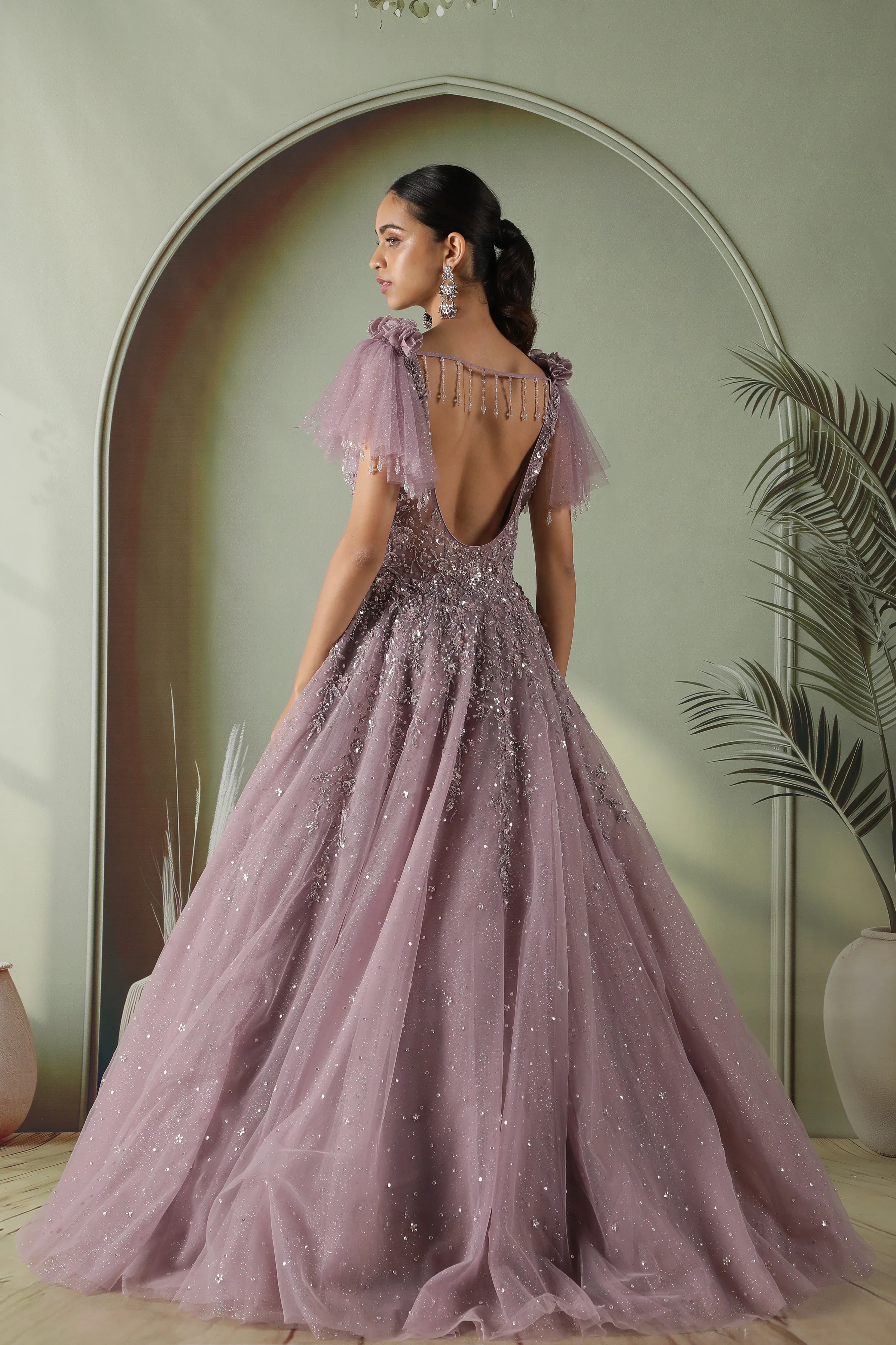Lavender Net Gown with Sequin, Pearl & Floral Embroidery - Mokshaa