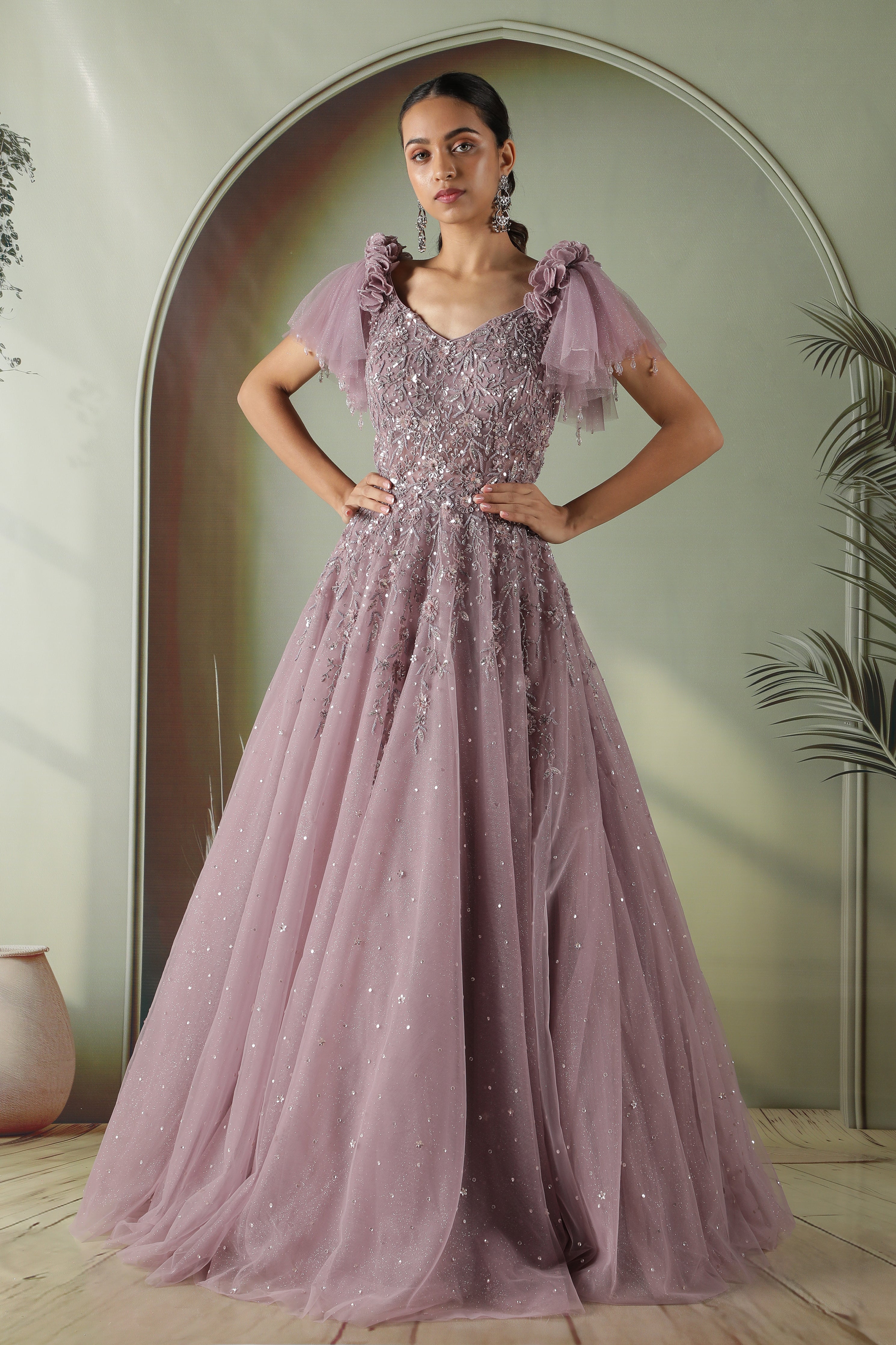 Lavender Net Gown with Sequin, Pearl & Floral Embroidery - Mokshaa