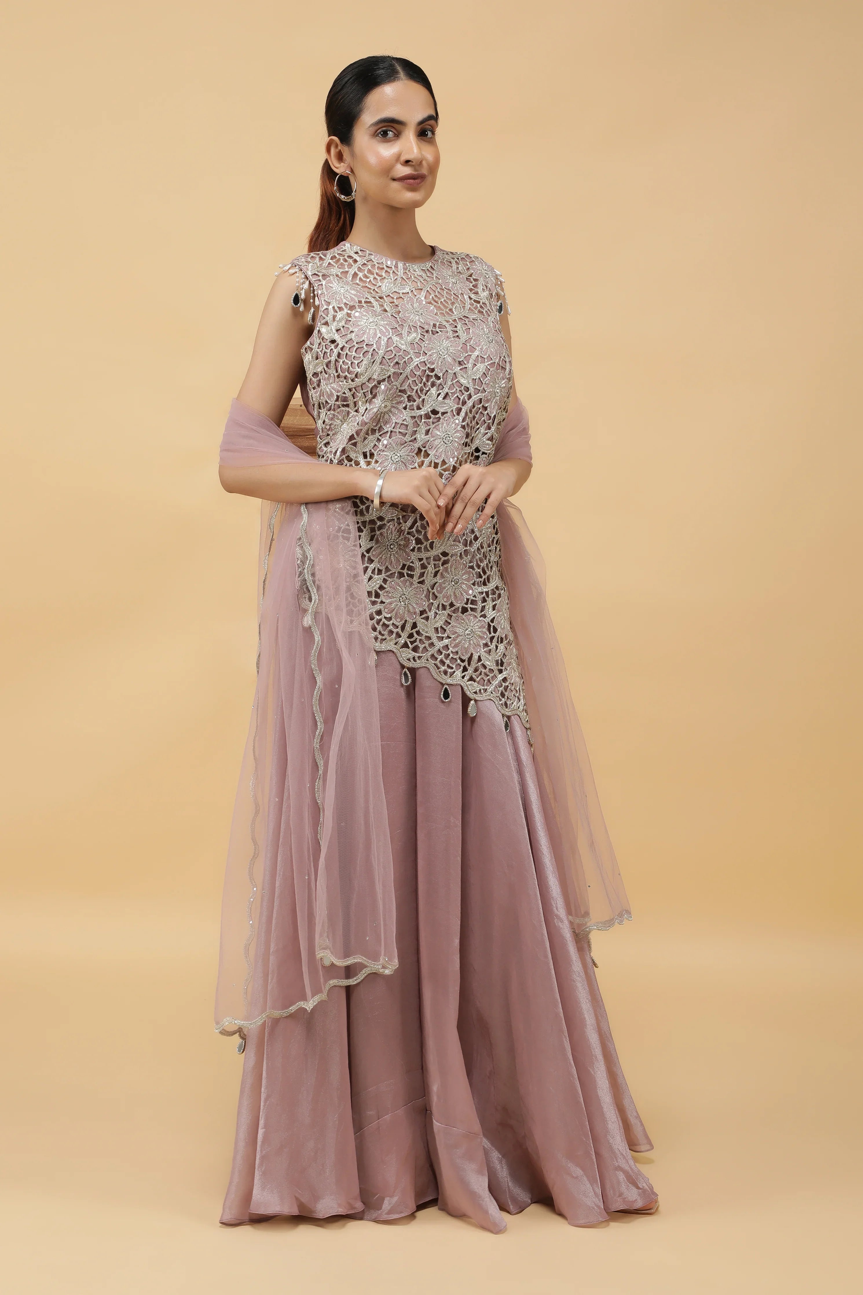 Lavender Lattice Zari Cutwork Top & Palazzo Set - Mokshaa