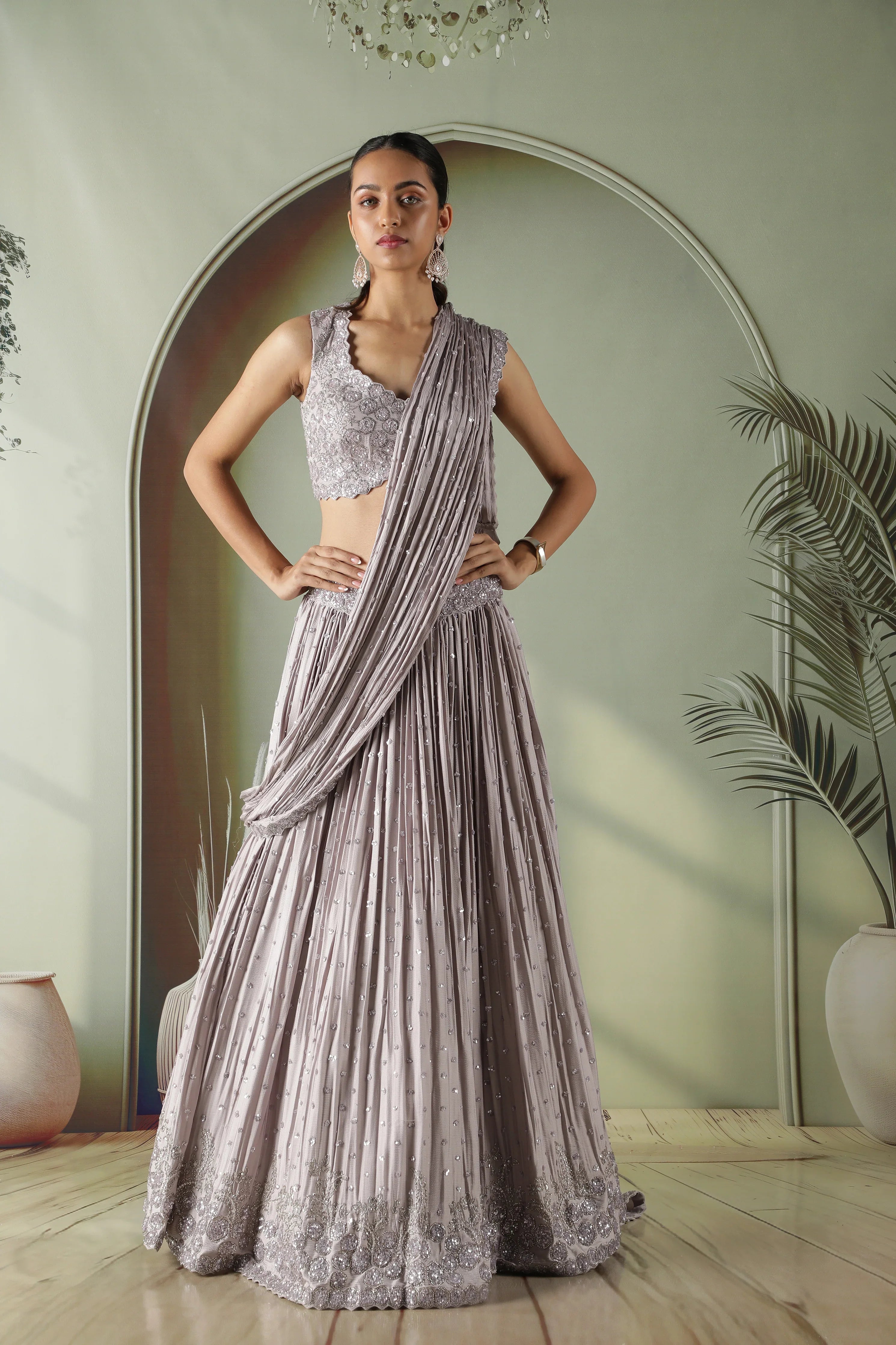 Lavender Silk Draped Lehenga Set - Mokshaa