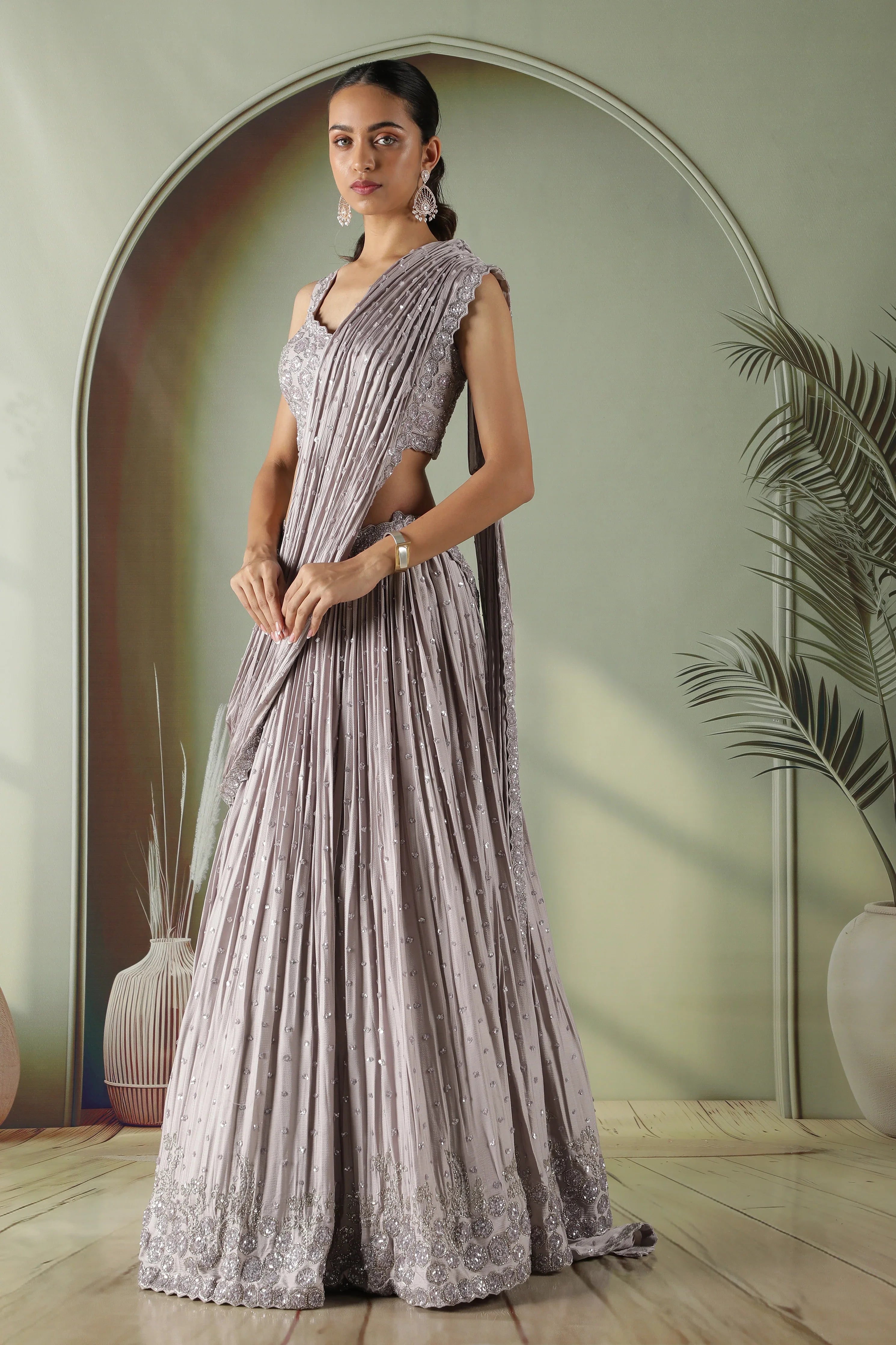 Lavender Silk Draped Lehenga Set - Mokshaa