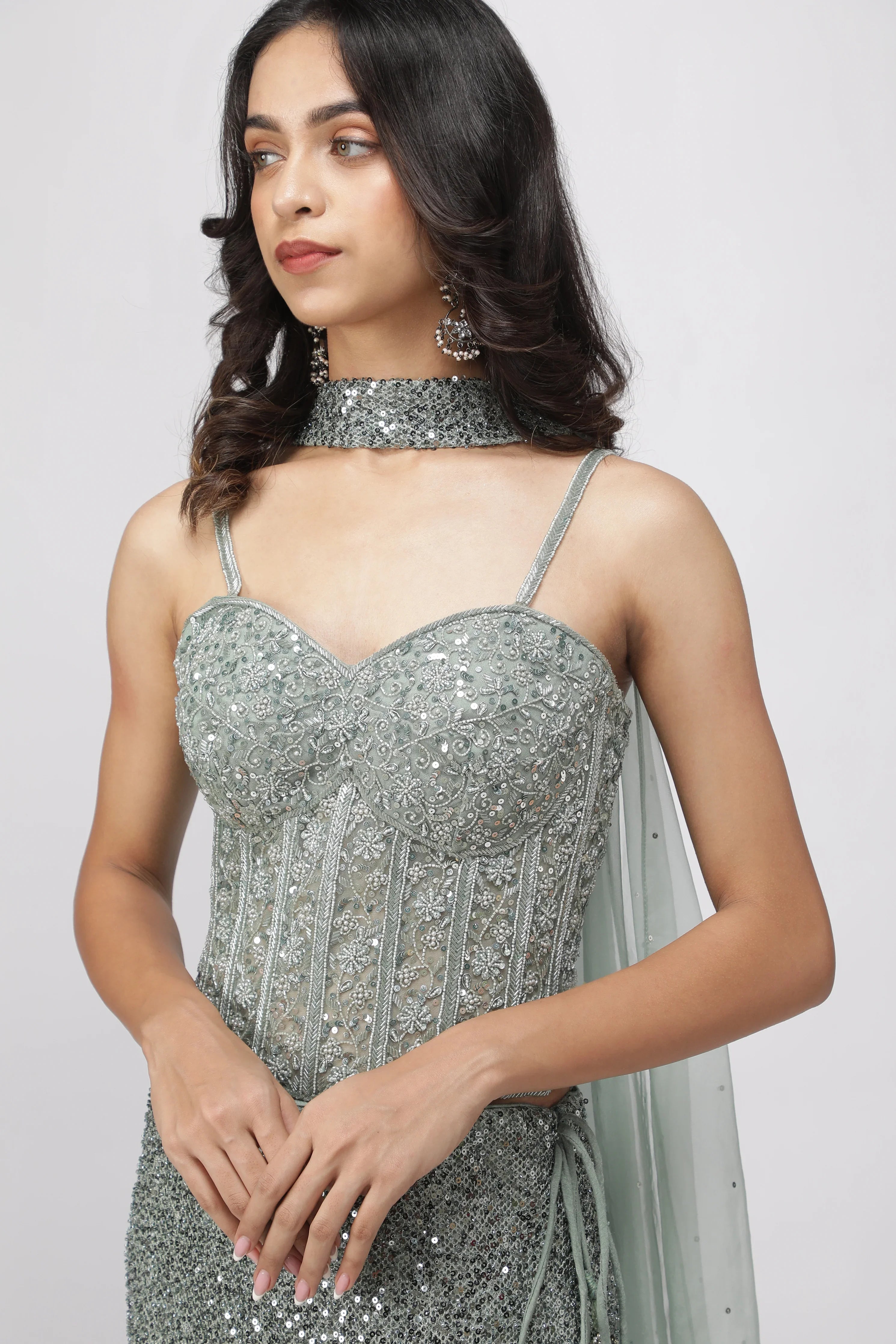 Mint Green Net Mermaid Cut Lehenga Set | Lehenga | Mokshaa