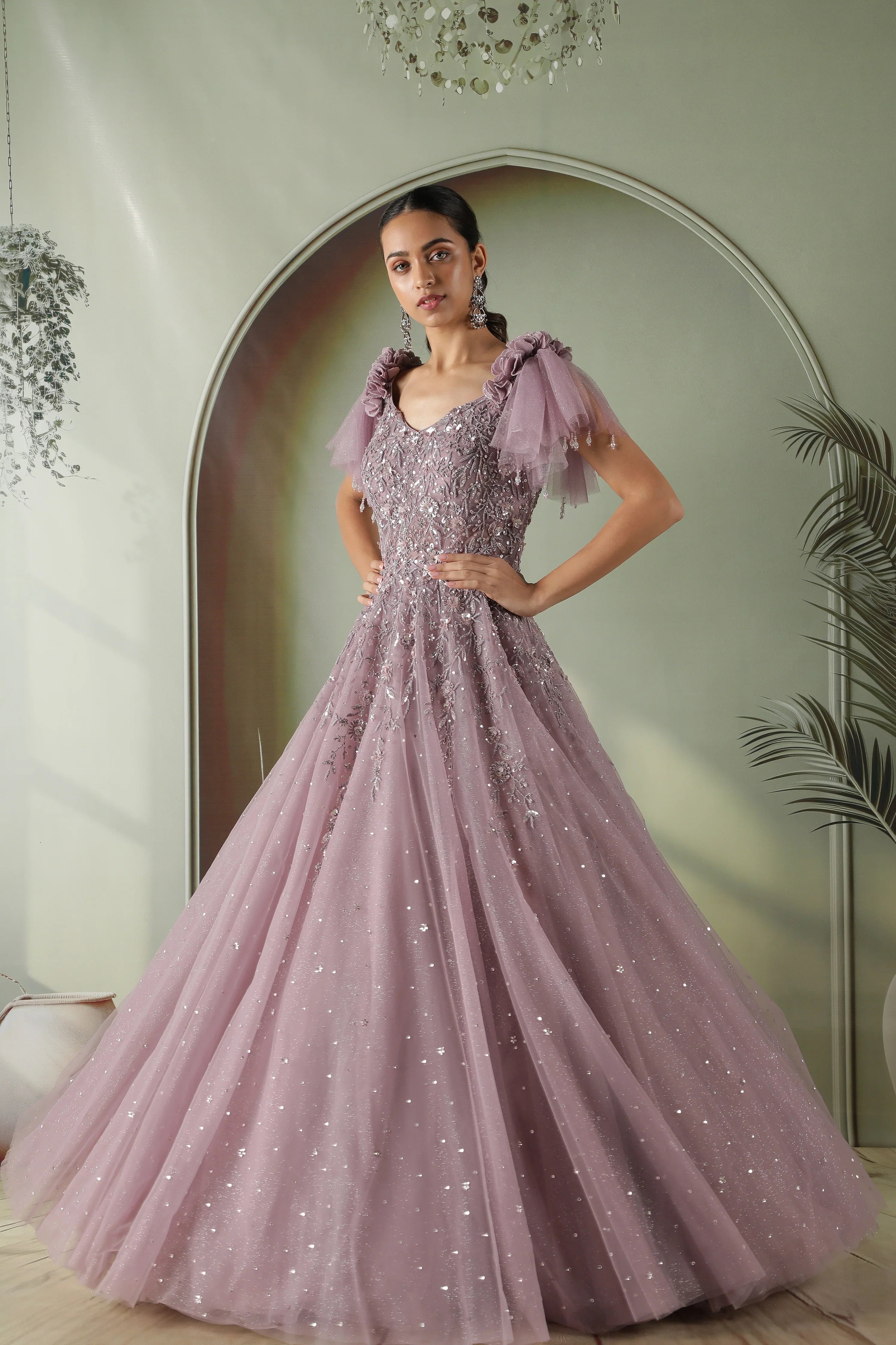 Lavender Net Gown with Sequin, Pearl & Floral Embroidery - Mokshaa