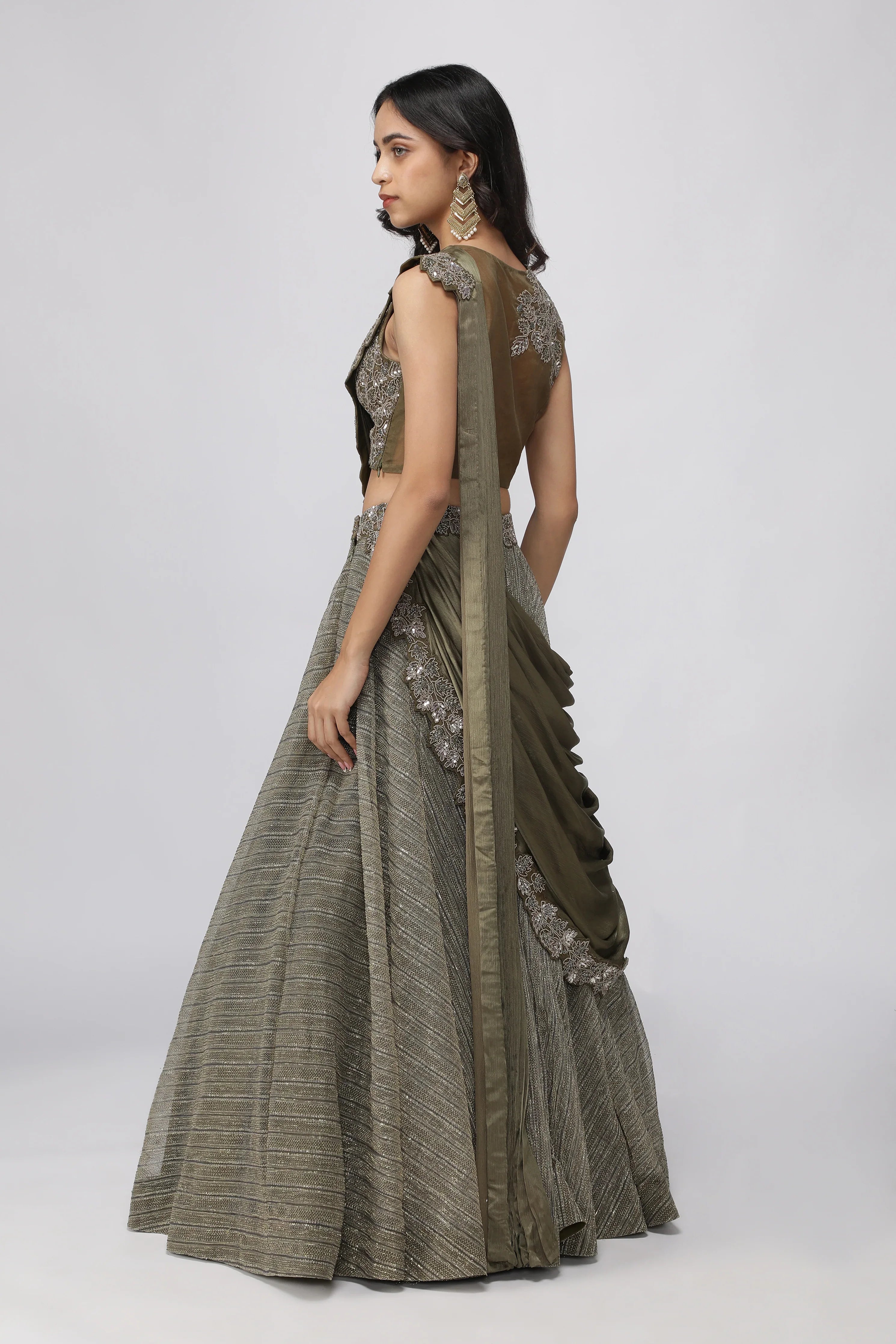 Olive Green Embroidered Lehenga set - Mokshaa