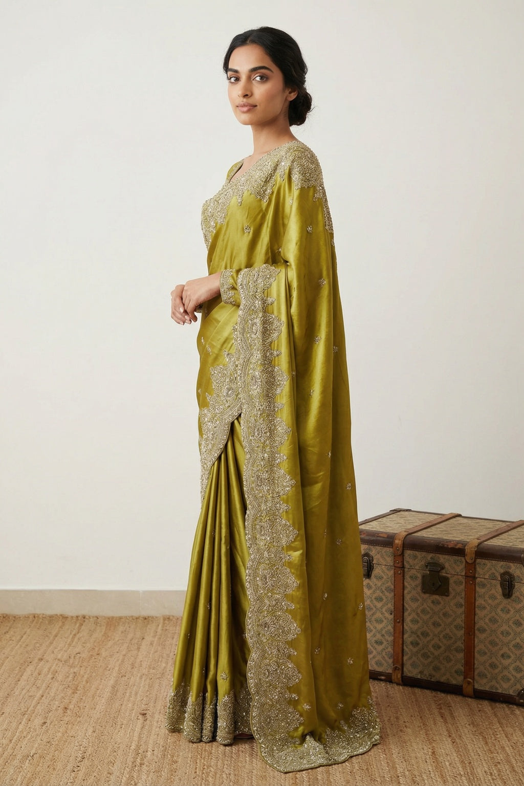 Greenish Yellow Satin Saree with Zardozi Border - Mokshaa
