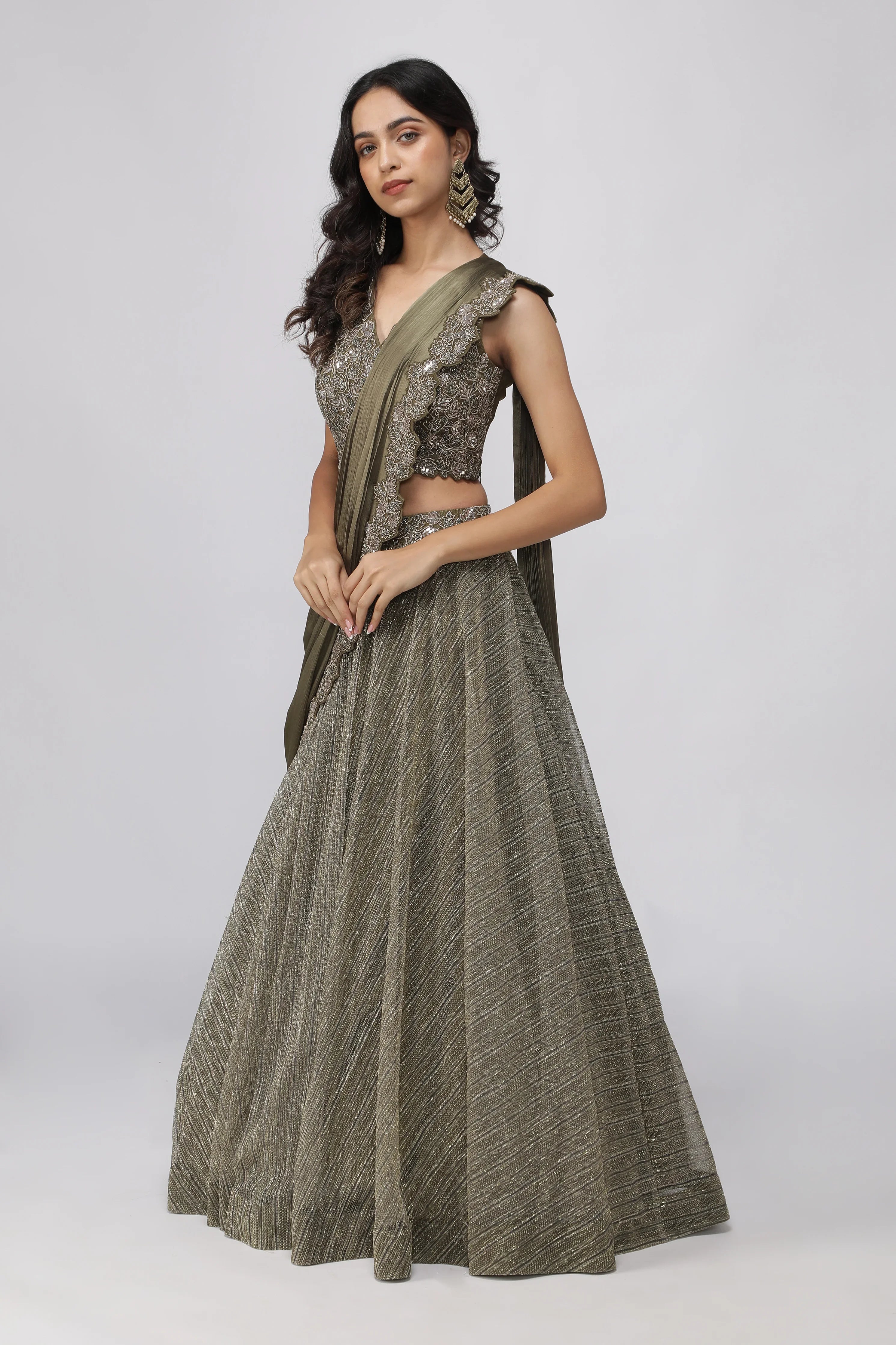 Olive Green Embroidered Lehenga set - Mokshaa
