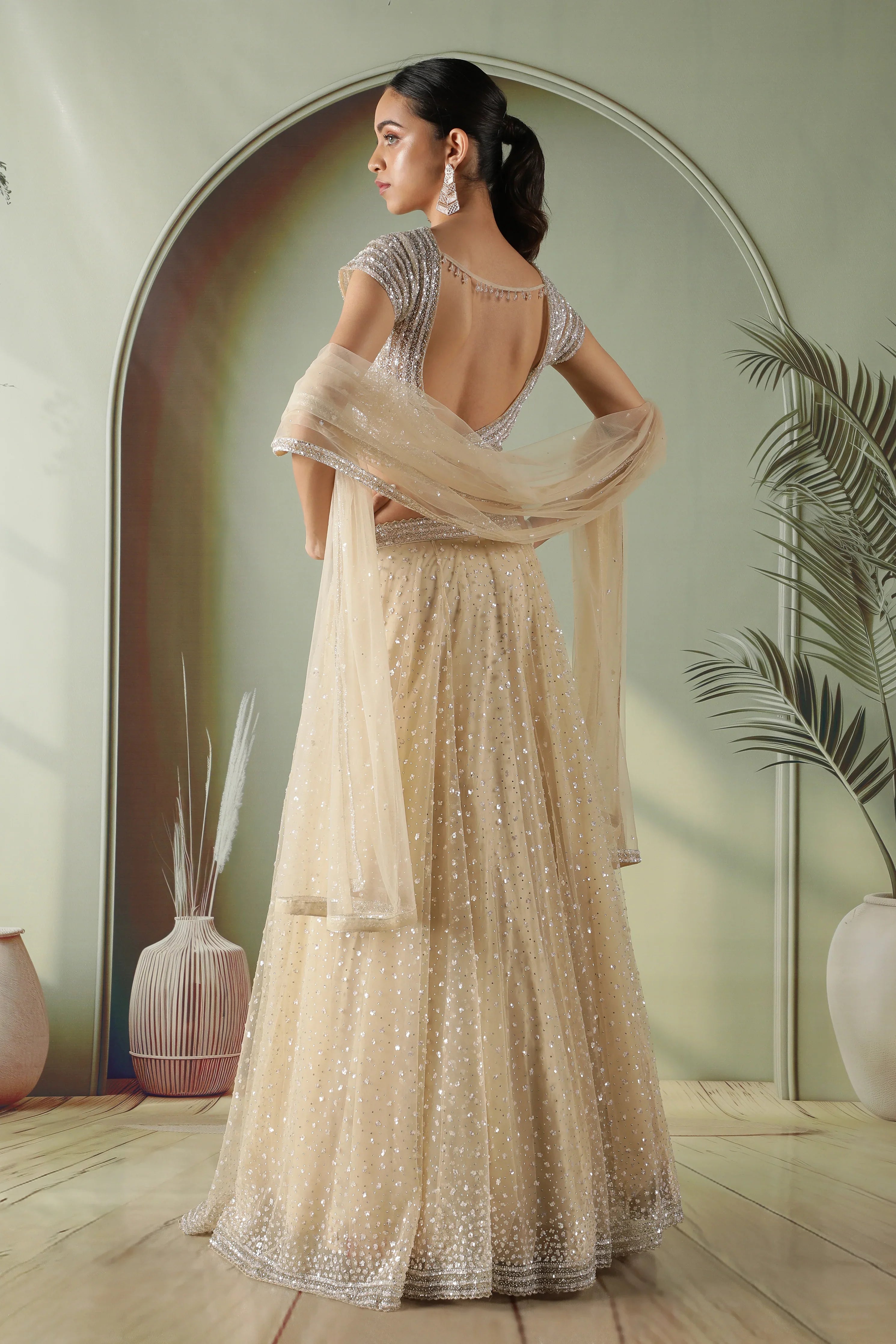 Champagne Gold Net Lehenga Set - Mokshaa