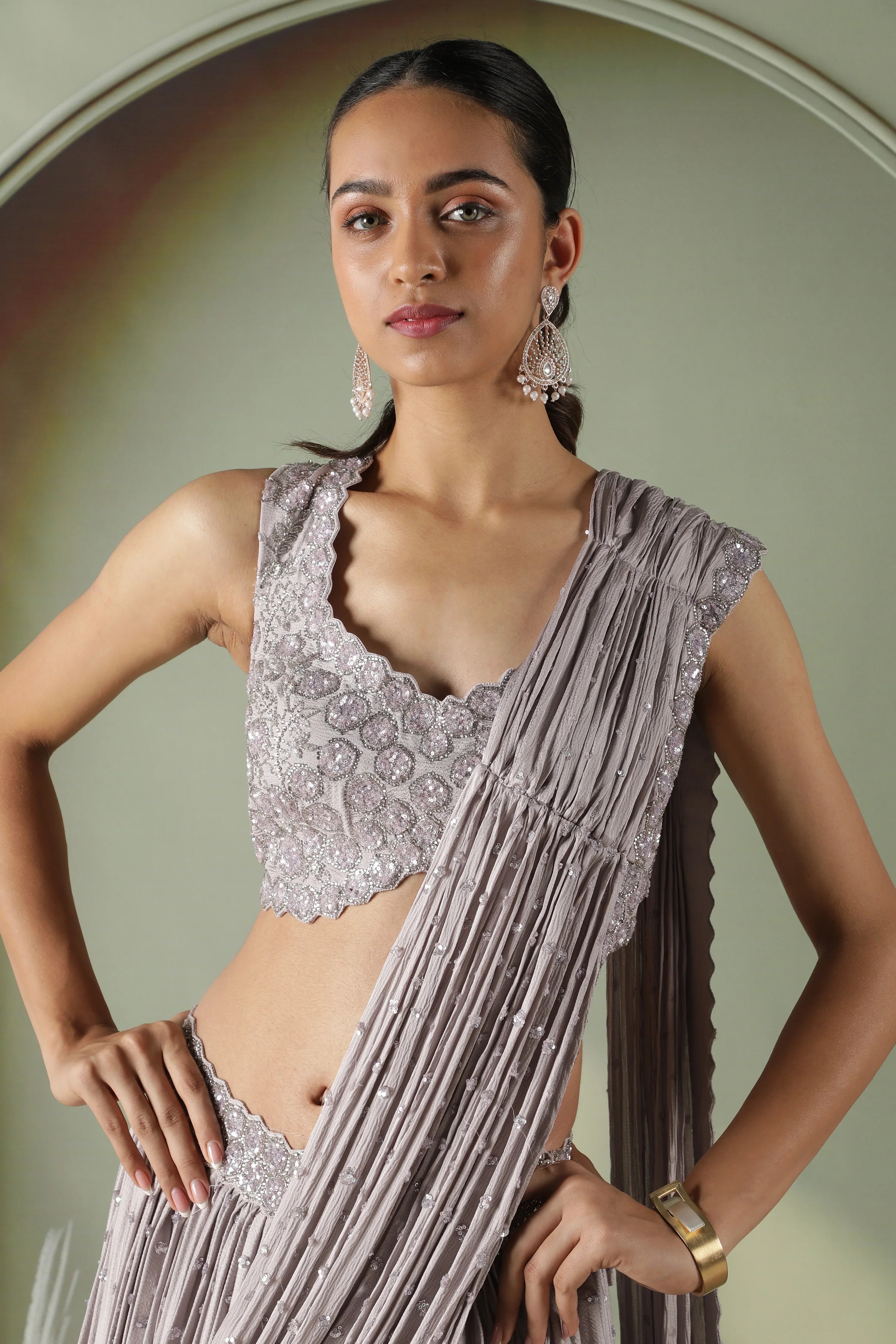 Lavender Silk Draped Lehenga Set - Mokshaa