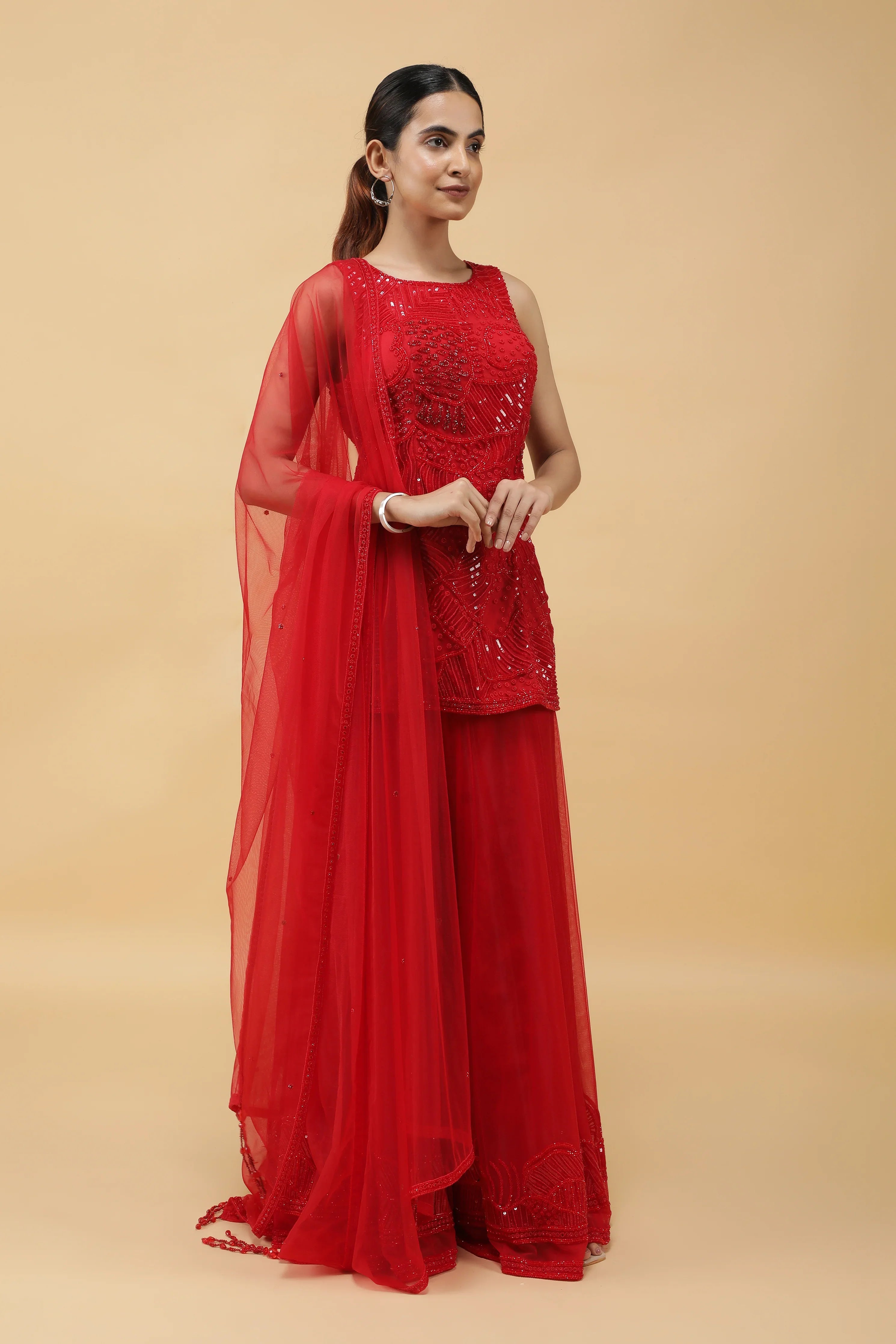Elegant Red Net Sharara Set with Sequins, Kutdana & Pearl Embroidery - Mokshaa